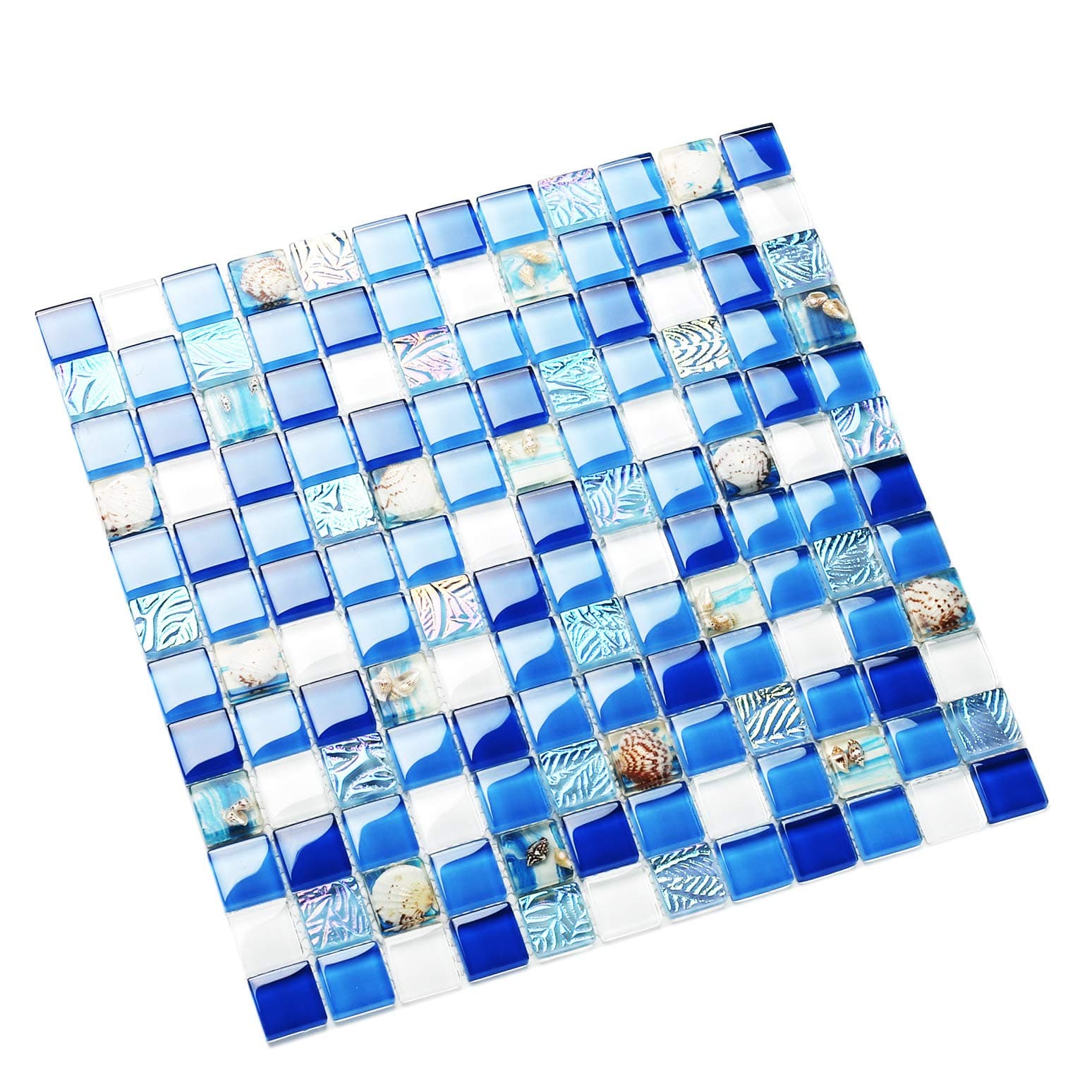 Artistic Mosaic Tiles Real Seashell Inlayed Blue and White Glass Backsplash Wall Tile(Sample 12x12 Inches)