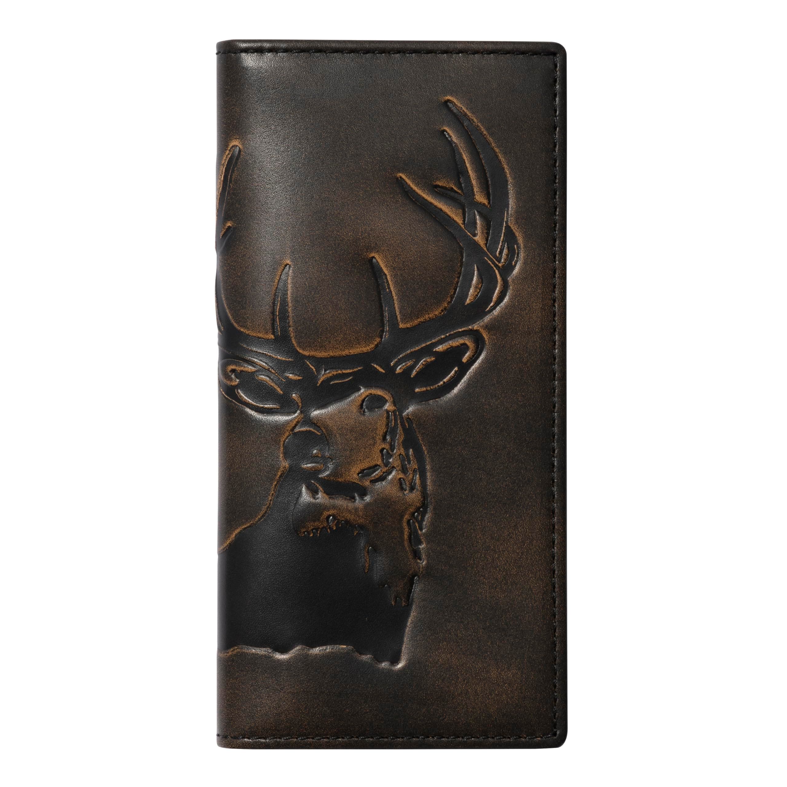 House of Jack Co.HOJ Co. DEER Long Bifold Wallet-Premium Grade Leather-Mens TALL Wallet With Hand Burnished Finish-Deer Hunter Gift (Deer Graphic Black)