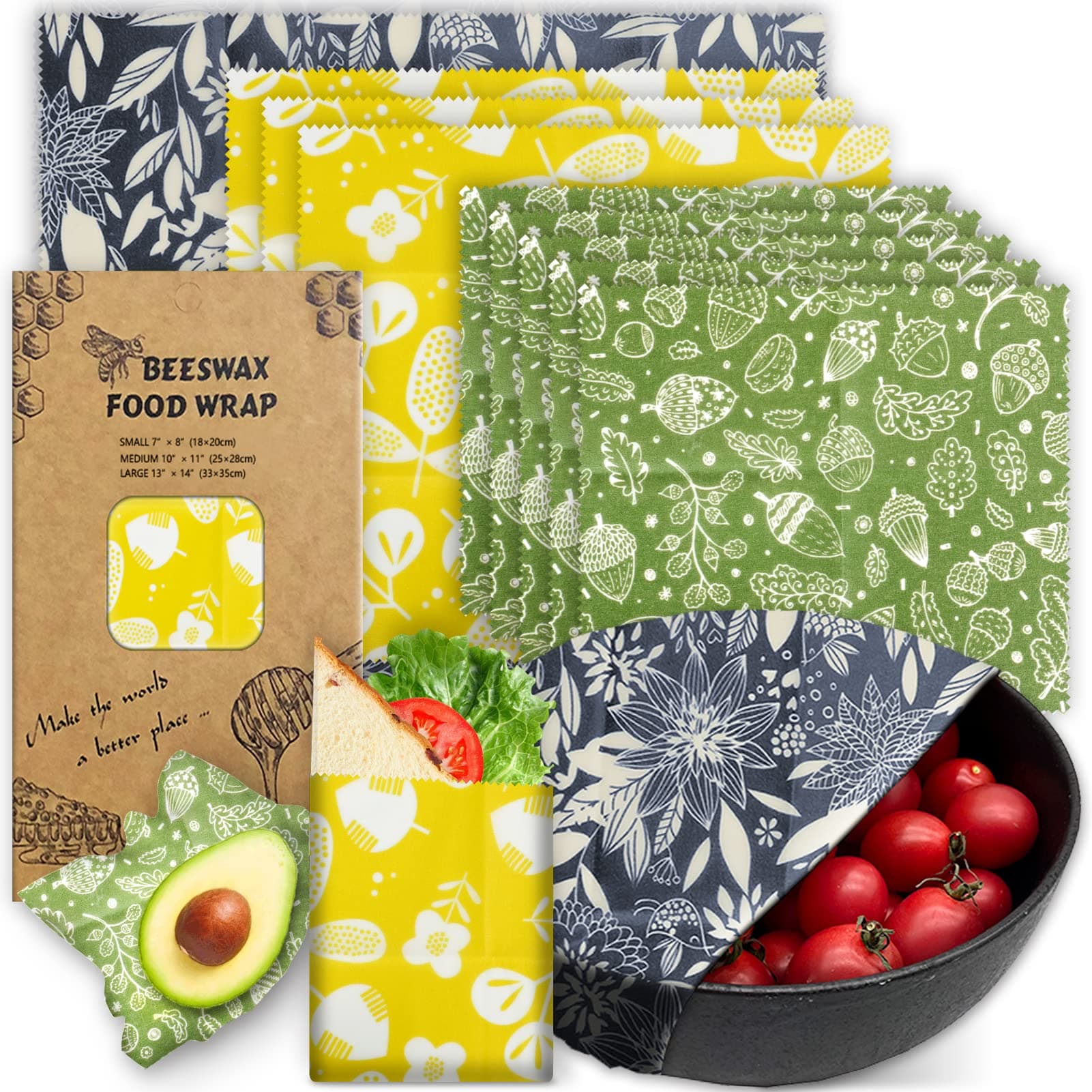 Organic Beeswax Wrap - Reusable Food Wrap Set, 9 Pack - 1L, 5M, 3S Flower Patterns - Sustainable, Sandwich Storage