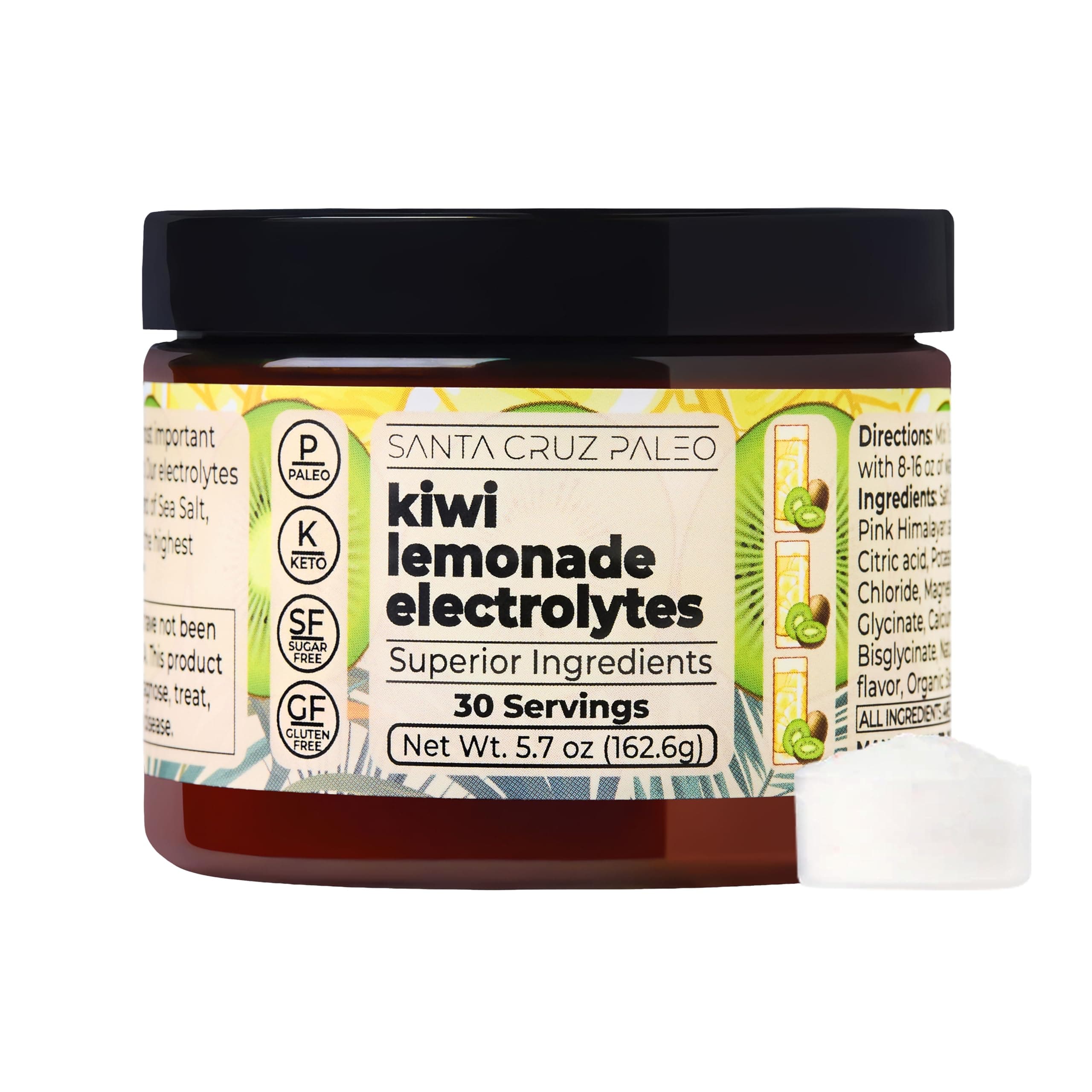 Santa Cruz Paleo Electrolyte Powder, Kiwi Lemonade Flavor, Sugar Free Hydration Drink Mix with Himalayan Pink Salt, Sea Salt, Magnesium Glycinate, Potassium Chloride, Sweetened with Stevia, 30 Srvgs