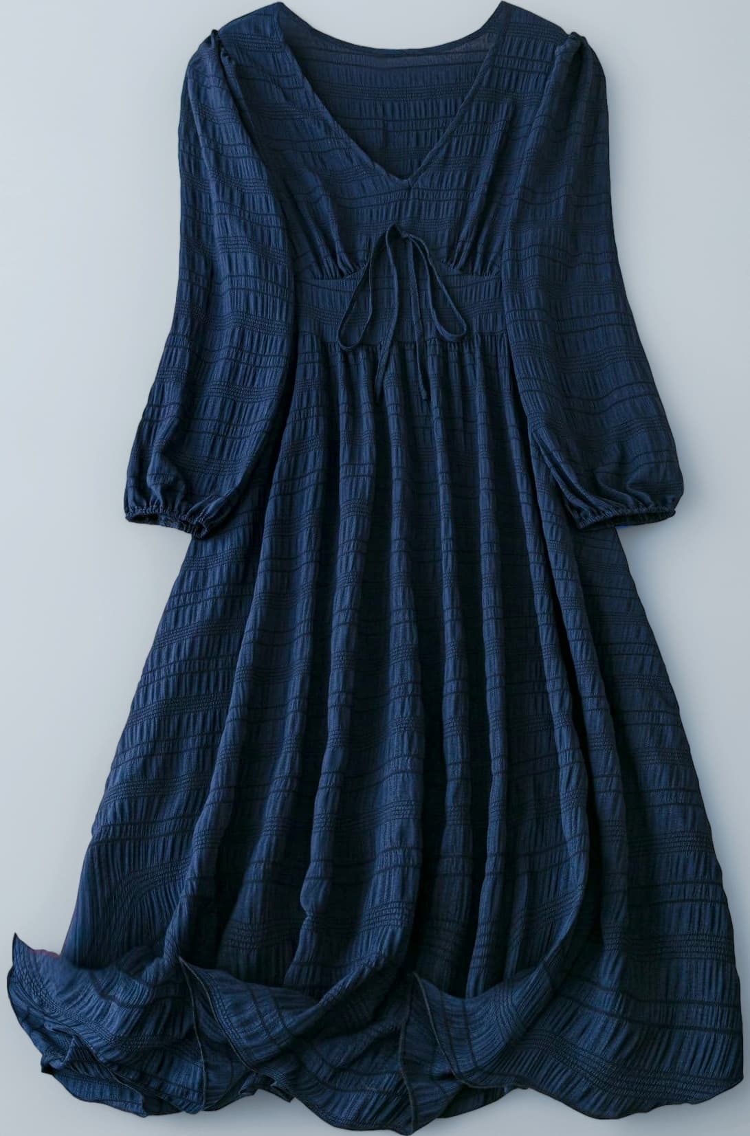 Women's & Girl's Navy Blue Dress for Women Midi, One Piece Dress for Women's Casual Dress, Solid Textured Lantern Sleeve Tie Front V Neck Midi Dress (Dress 123)