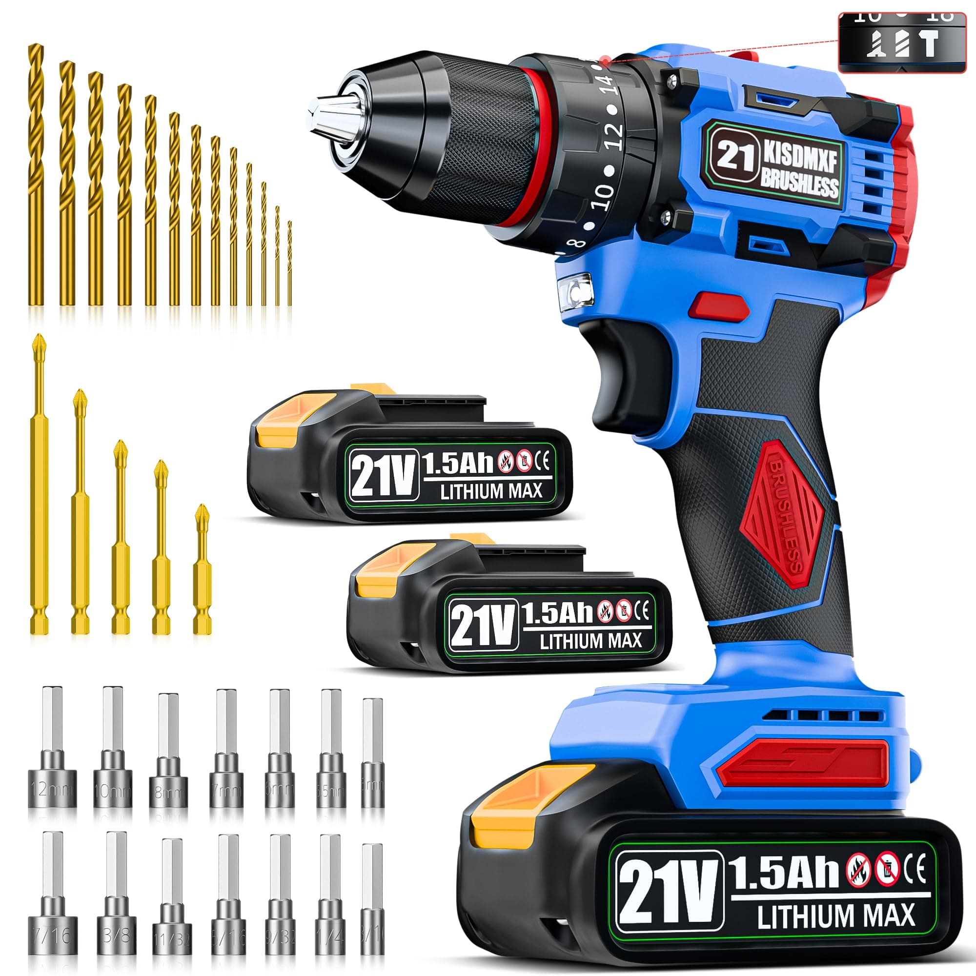 Cordless Drill Set 21V, Electric Power Drill Kit with 21 * 3 Position Hammer Drill with 2 Battery and Charger, 90NM, 3/8'' Keyless Chuck, 2 Variable Speed LED Light and 33 Tool Accessories