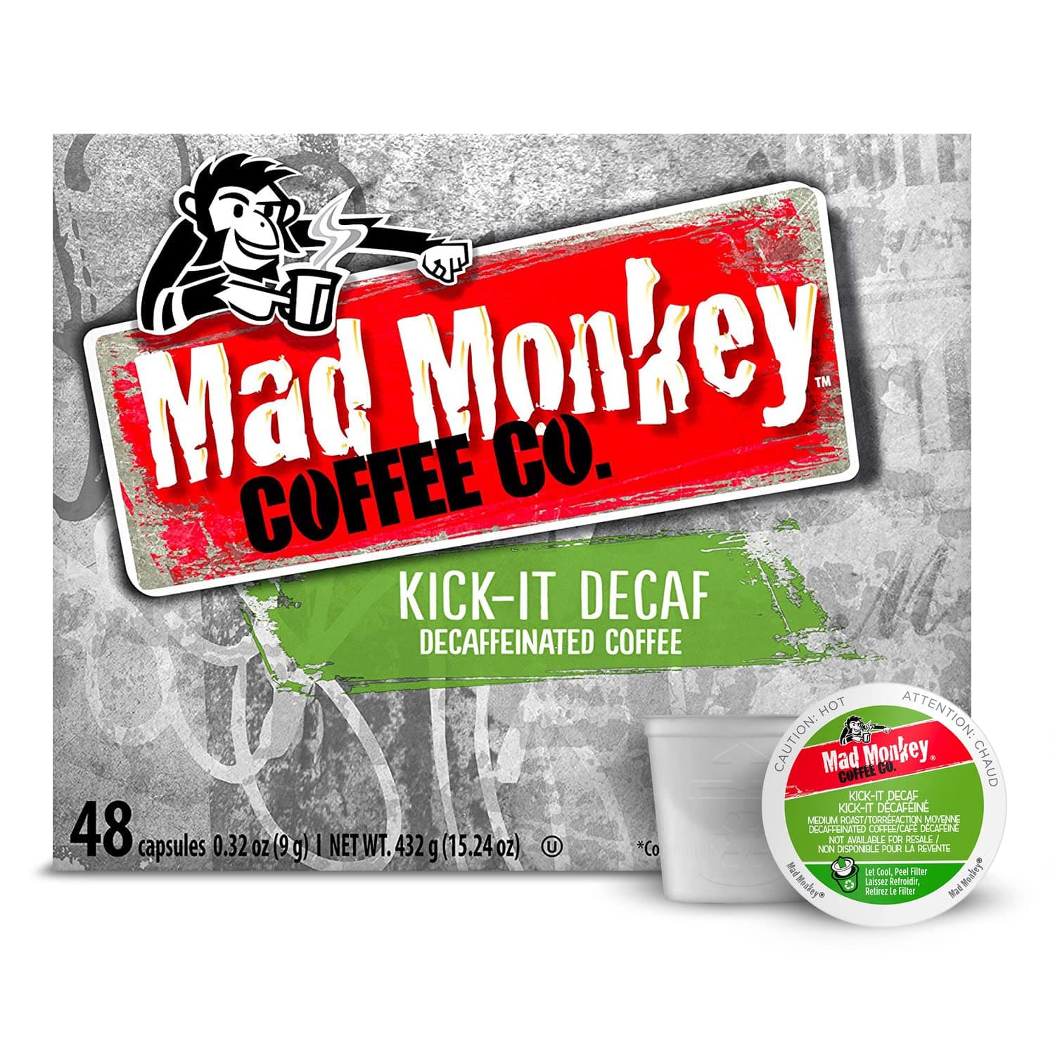 Mad Monkey Single Serve Coffee Capsules, Kick It Decaf, 100% Arabica Medium Roast, Compatible with Keurig K-Cup Brewers, 48 Count