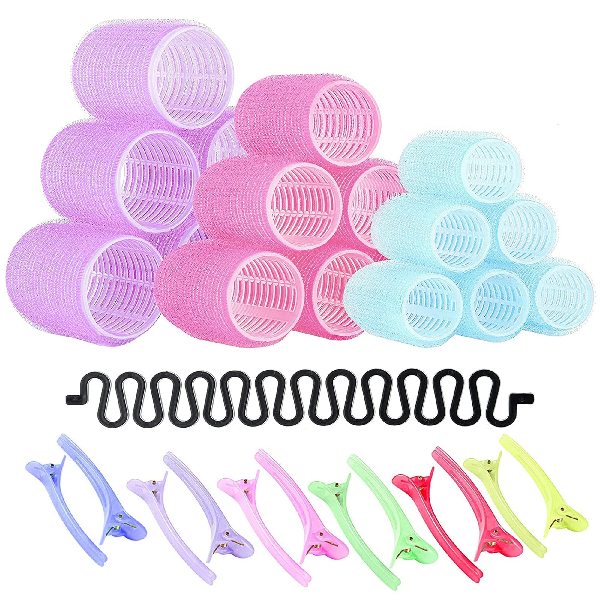 FREDY’s 31 Pieces Hair Rollers Set – 18 Self Grip Velcro Hair Curlers,12 Duckbill Sectioning Clips and 1 Centipede Shape Hair Clip for Barber Salon Hair Dressing (Rollers: 44mm, 30mm and 25mm)