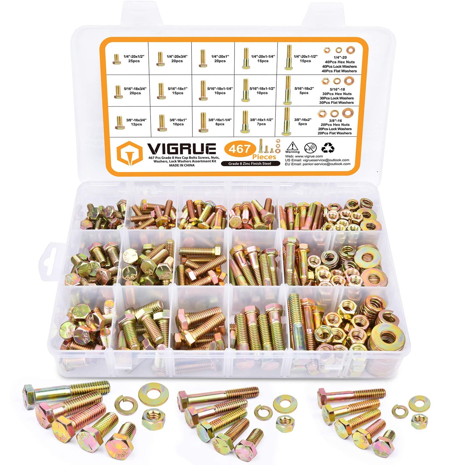 VIGRUE 467PCS Heavy Duty Bolts and Nuts Assortment Kit, Grade 8 1/4-20 5/16-18 3/8-16 Hex Bolts Nuts Washers Set, Includes 15 Most Common SAE Sizes, Length 1/2" to 2"