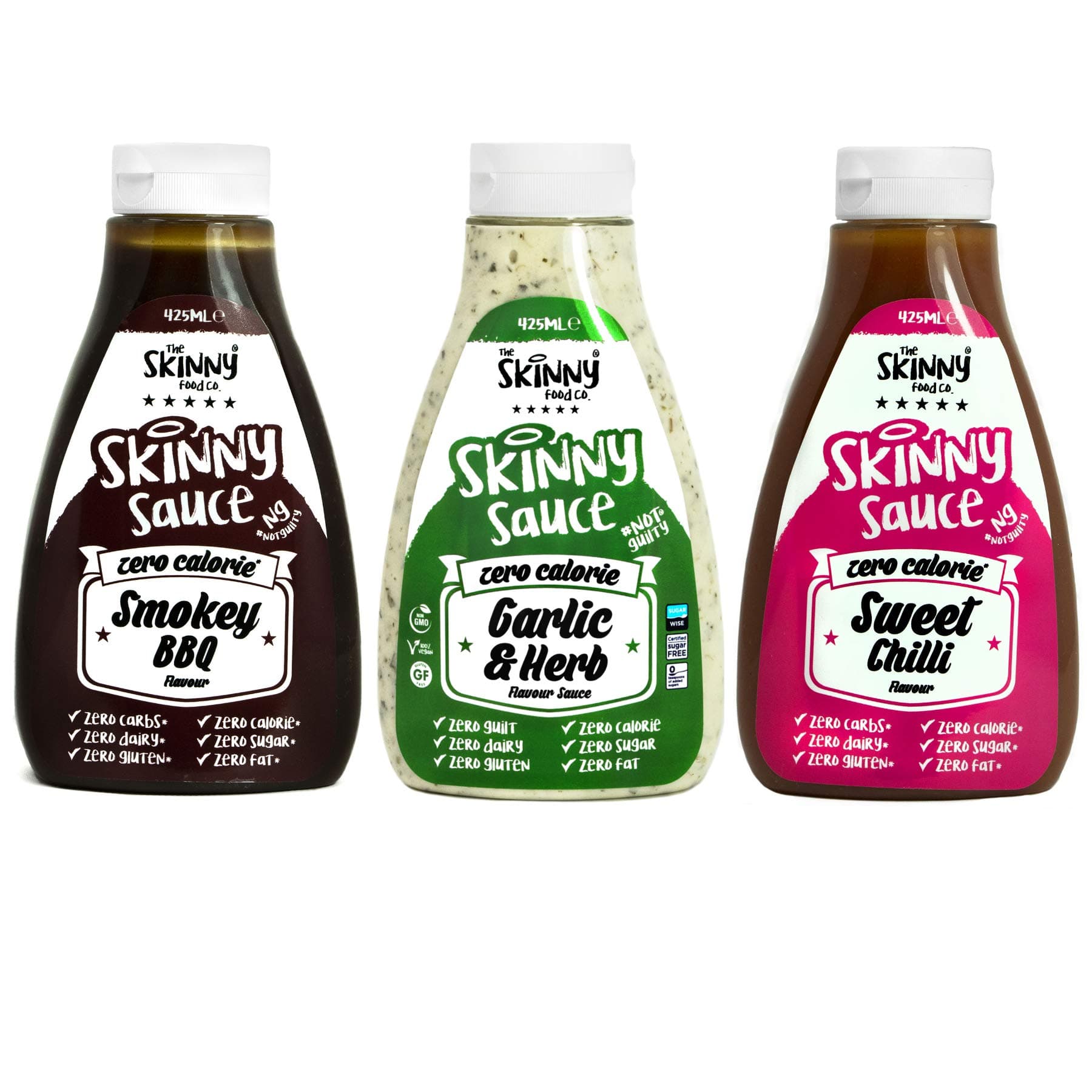 Sweet Chilli, Garlic and Herb, Smokey BBQ Set of 3 Condiment Sauces Sugar Free Zero Calories, 425ml