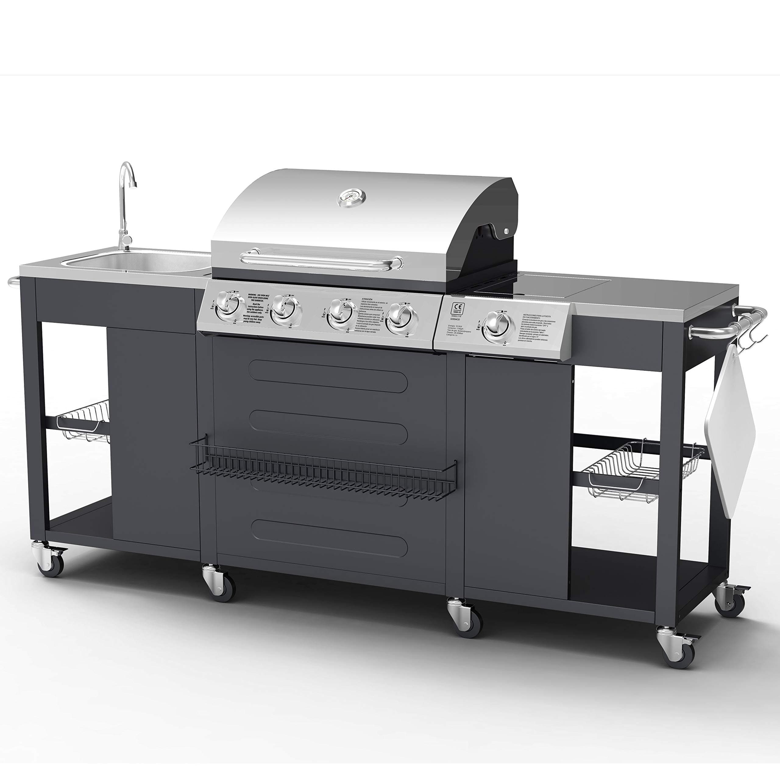 BIllyOh Alabama 4 Burner Gas BBQ Grill + 1 Side Stove and Kitchen Sink, Table, Rack, Thermometer and Storage - Outdoor Gas Burner with Cast Iron Barbecue Grill Outdoor Kitchen for Patio and Garden