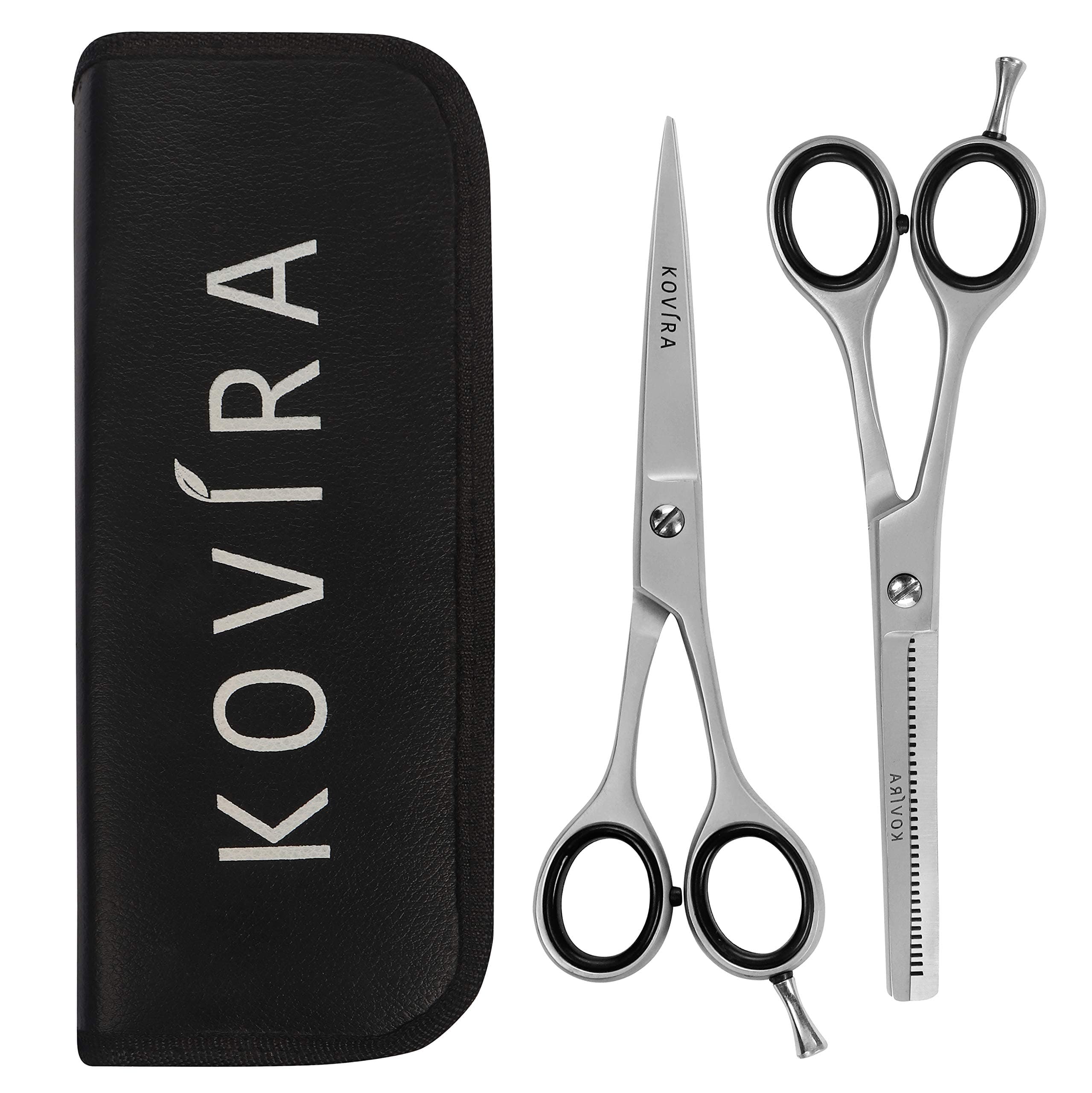 Kovira 2pc Professional Hair Cutting Scissor Set - 16.5cm/6.5 Inch Overall Length - Razor Sharp Hairdressing Scissors and Texturising Thinning Shears - Stainless Steel Barber Set for Haircuts at Home