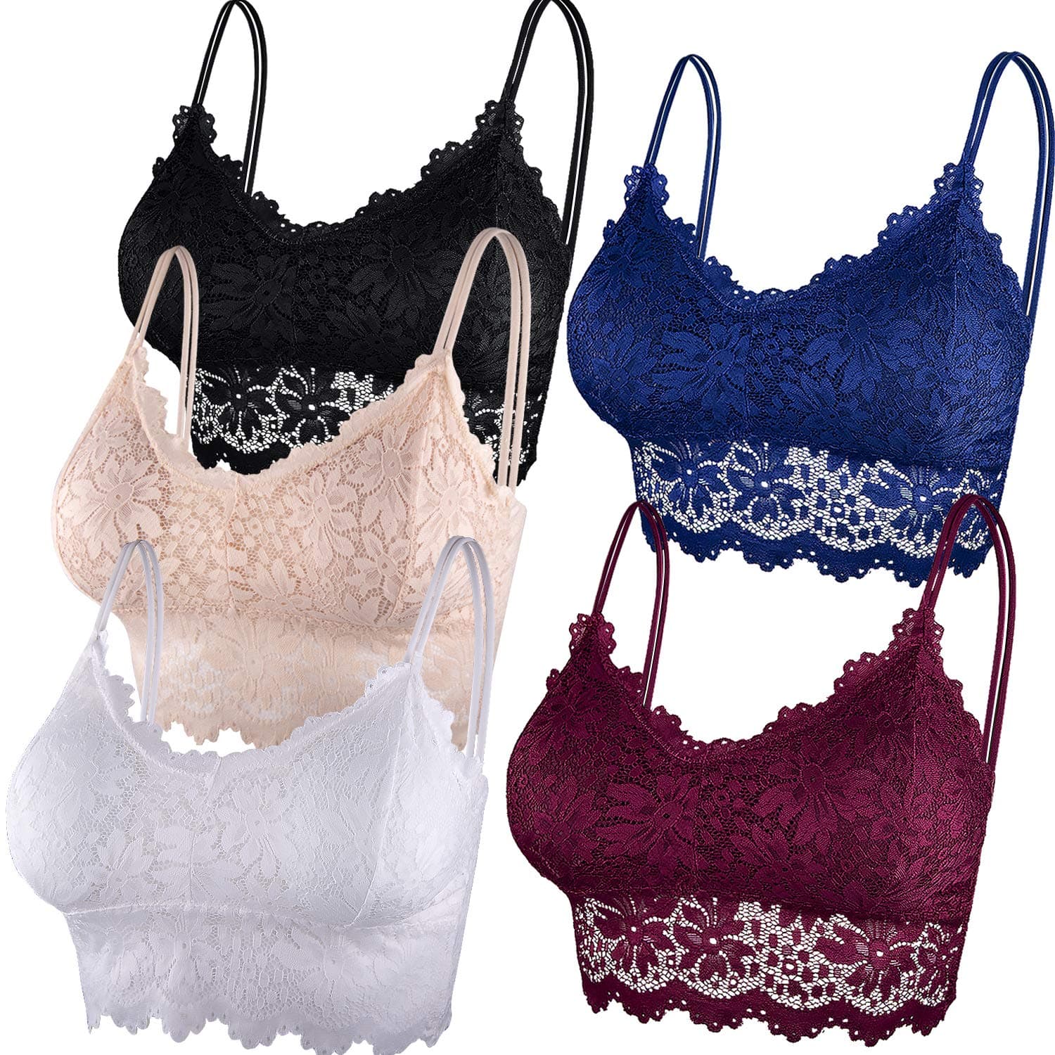 5 Pcs Lace Bralettes for Women Bralette Padded Lace Bandeau Bra, Red，blue， Black, Beige, White, S-M