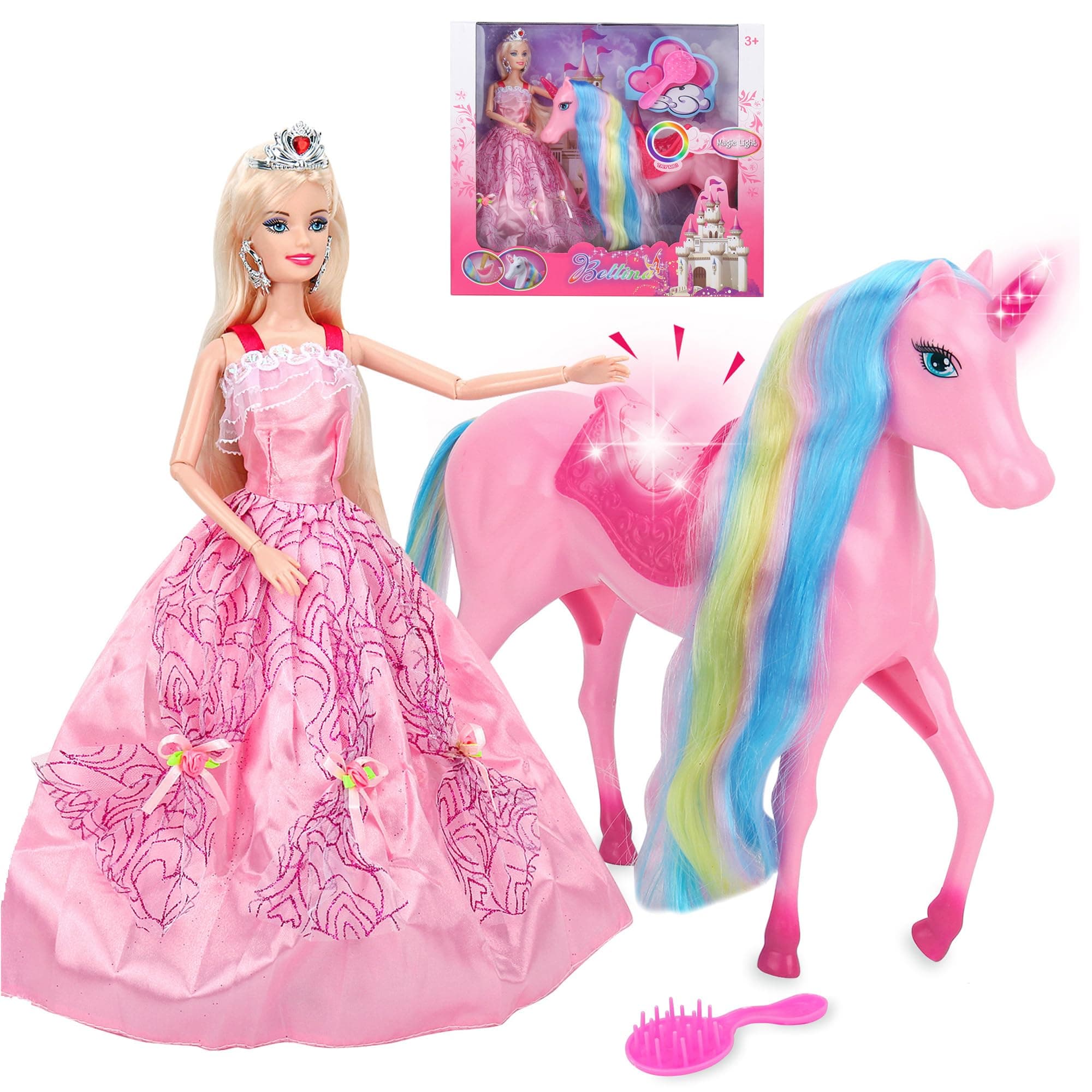 BETTINA Magical Light Unicorn Princess Dolls Set, Unicorn Toys for Girls, Horse Toy with Mane and Tail, Princess Toys, Unicorn Gifts for Girls