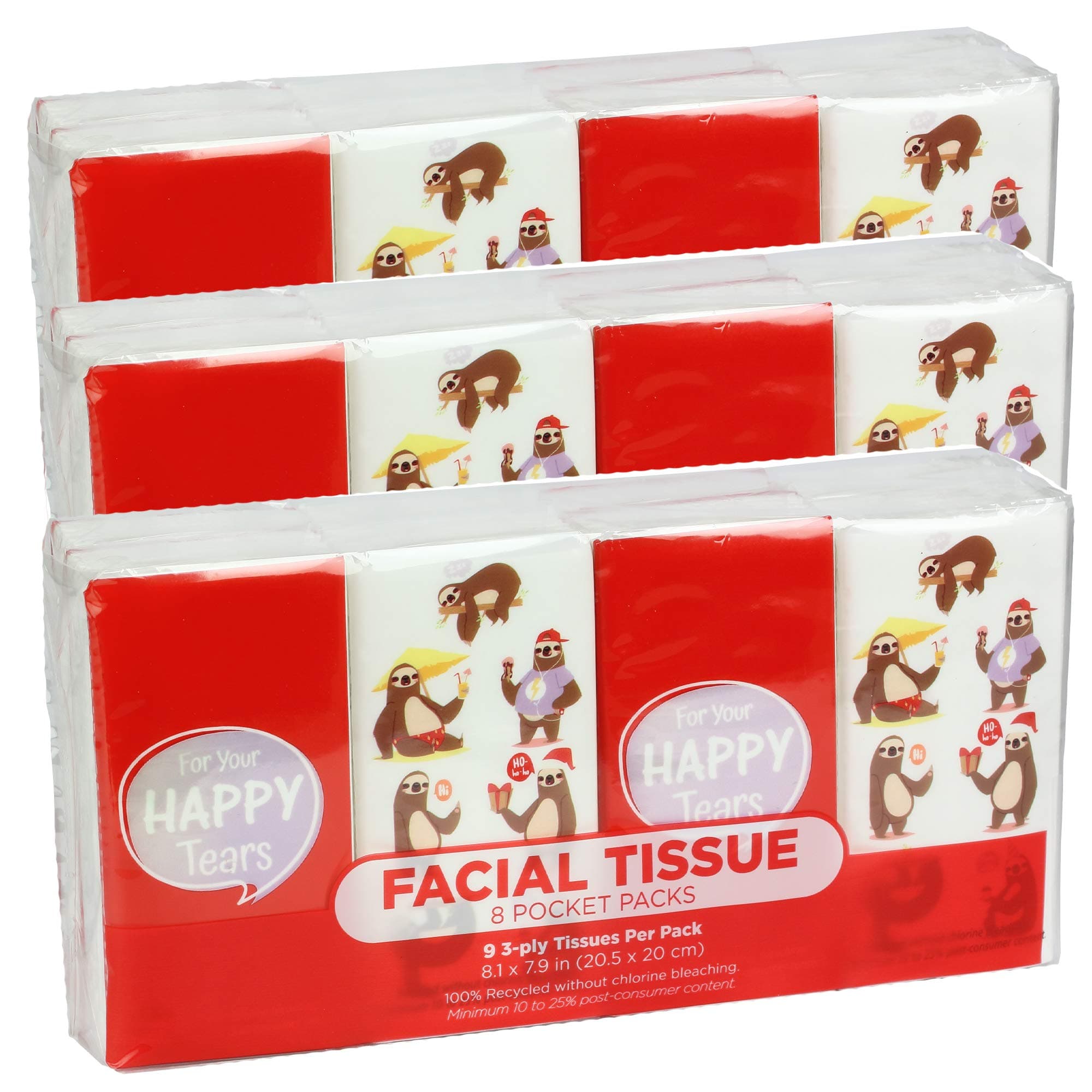 Funwares Pocket Sized White Travel Facial Tissue, 24 Packs, 216 Sheets, Sloth Print Designed Package, 24 Pack