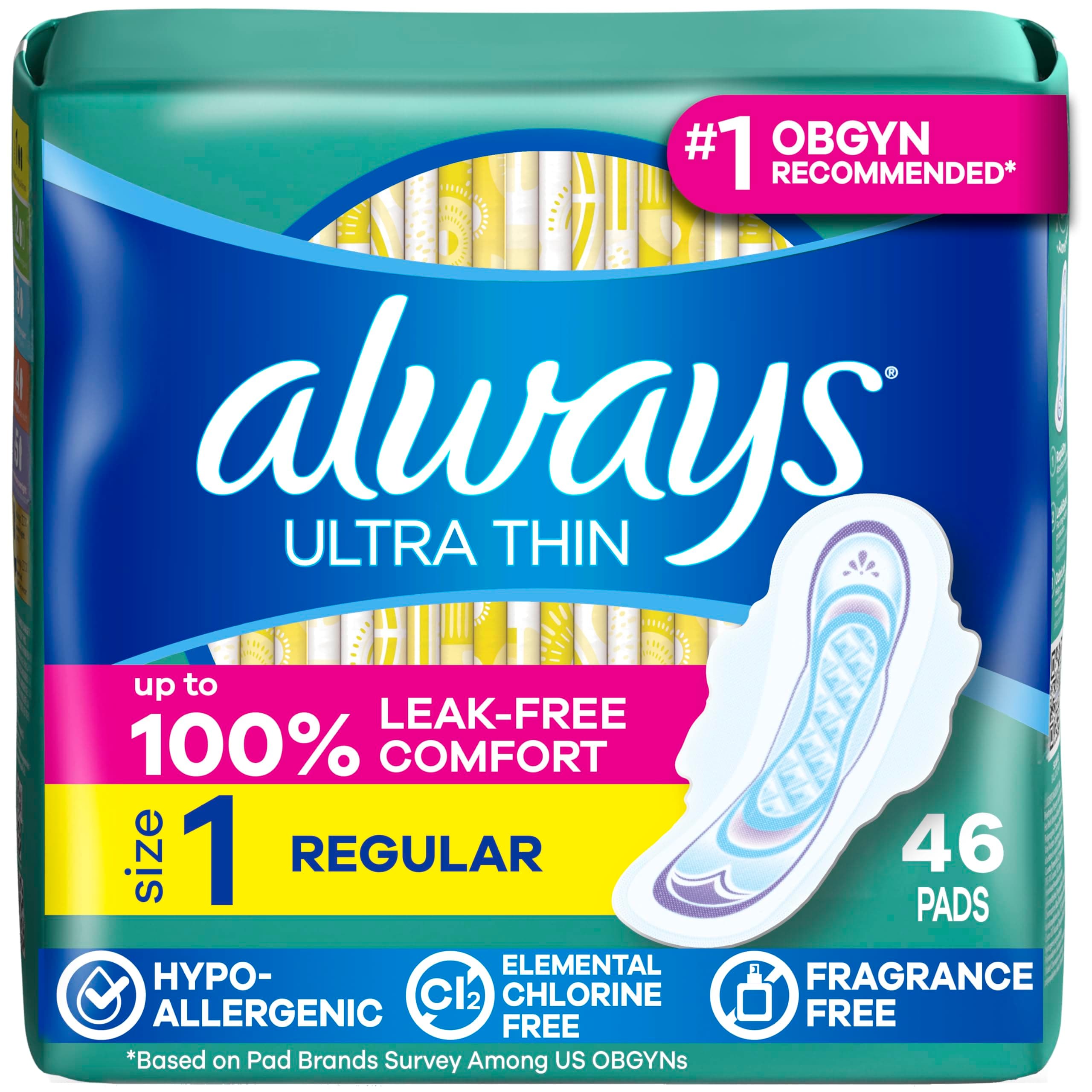 Always Ultra Thin Pads with Wings, Size 1, Regular, 46 Count