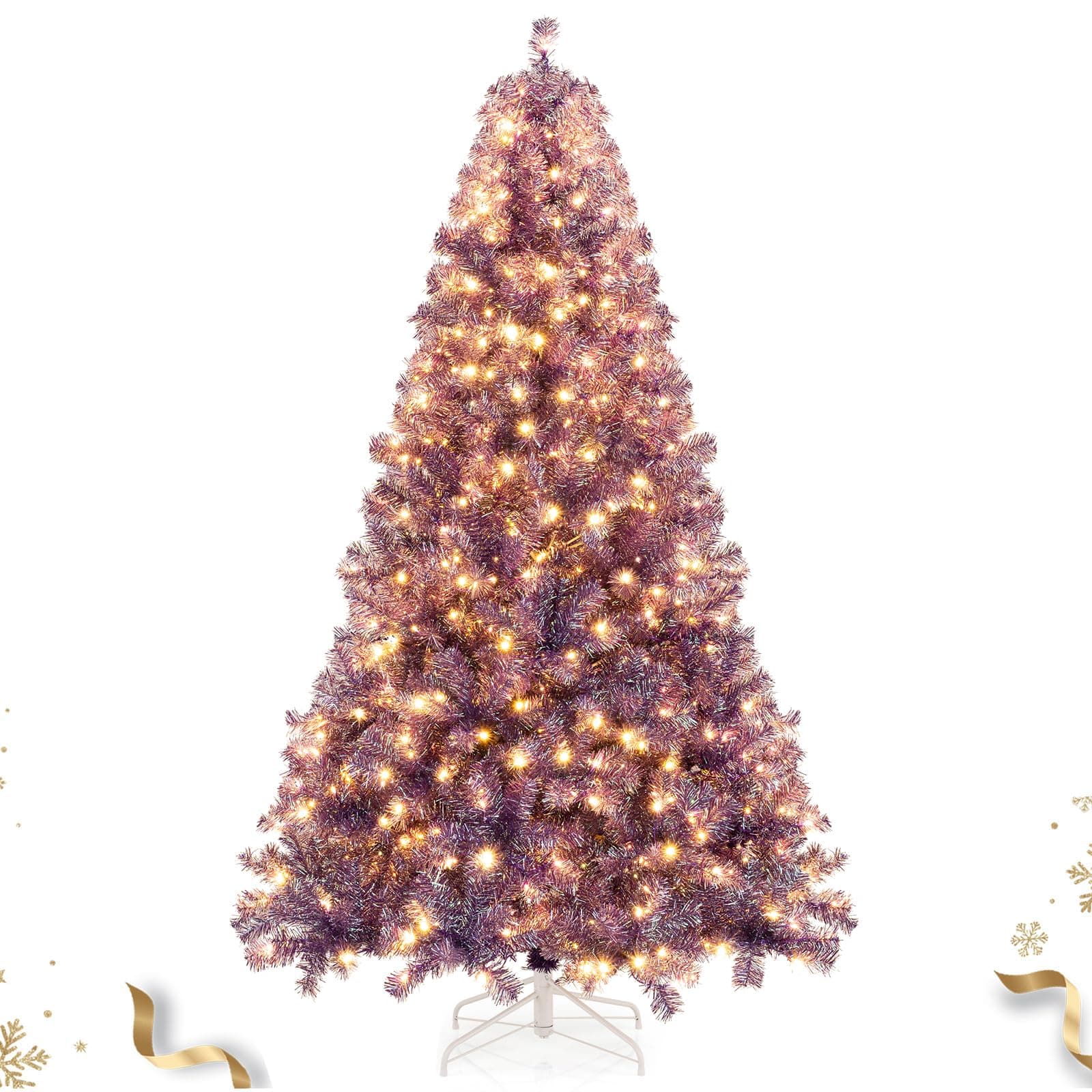 HAPPYGRILL 7.5 FT Pre-lit Tinsel Christmas Tree Artificial Xmas Tree with 550 LED Lights, 8 Modes, 1300 Deep Purple Branch Tips, Folding Metal Stand, Seasonal Holiday Tree for Home Office Party