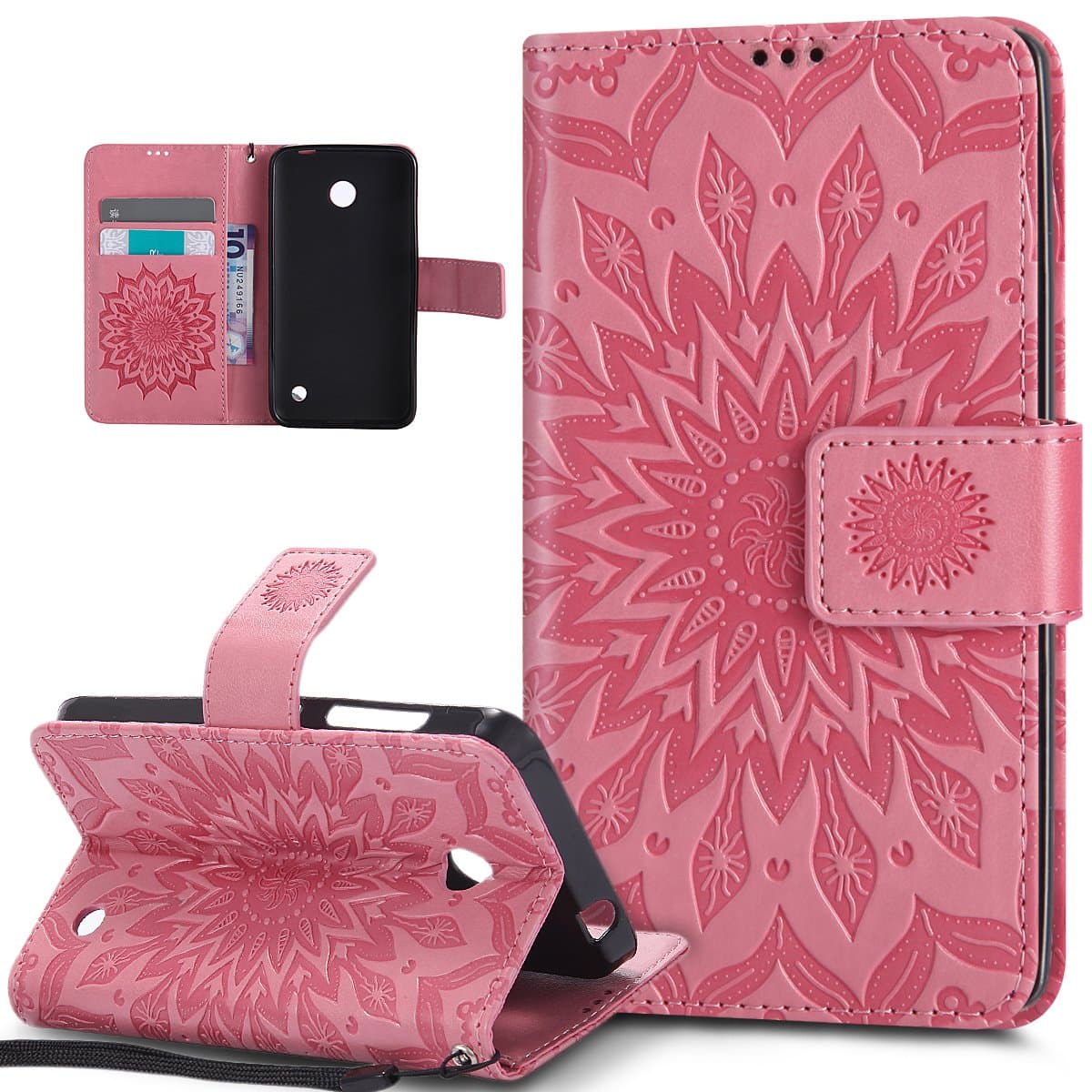 Nokia Lumia 630 Case,Nokia Lumia 635 Case,ikasus Embossing Mandala Flowers Sunflower PU Leather Magnetic Flip Folio Kickstand Wallet Case with Card Slots Case Cover for Nokia Lumia 630/635,Pink