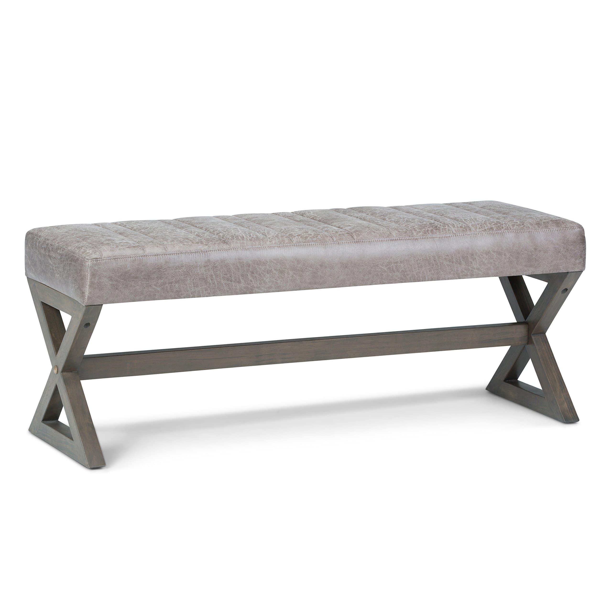 Salinger Large Ottoman Bench - 48 inch Wide Upholstered Vegan Leather Rectangle Ottoman in Distressed Grey Taupe, Contemporary Modern Bench for Bedroom with Quilted Stitching