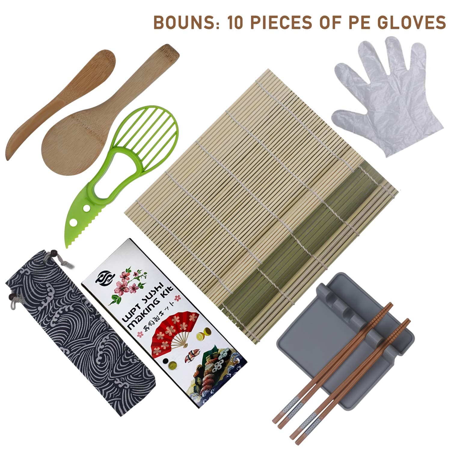 Beginner Sushi Making Kit-All In One DIY Sushi Set with 2 Sushi Bamboo Mats,2 Pairs Chopsticks,1 Paddle,1 Spreader,1 Avocado Slicer,1 Silicone Holder,10 Disposable Gloves,1 Cotton Bag-Gift Box
