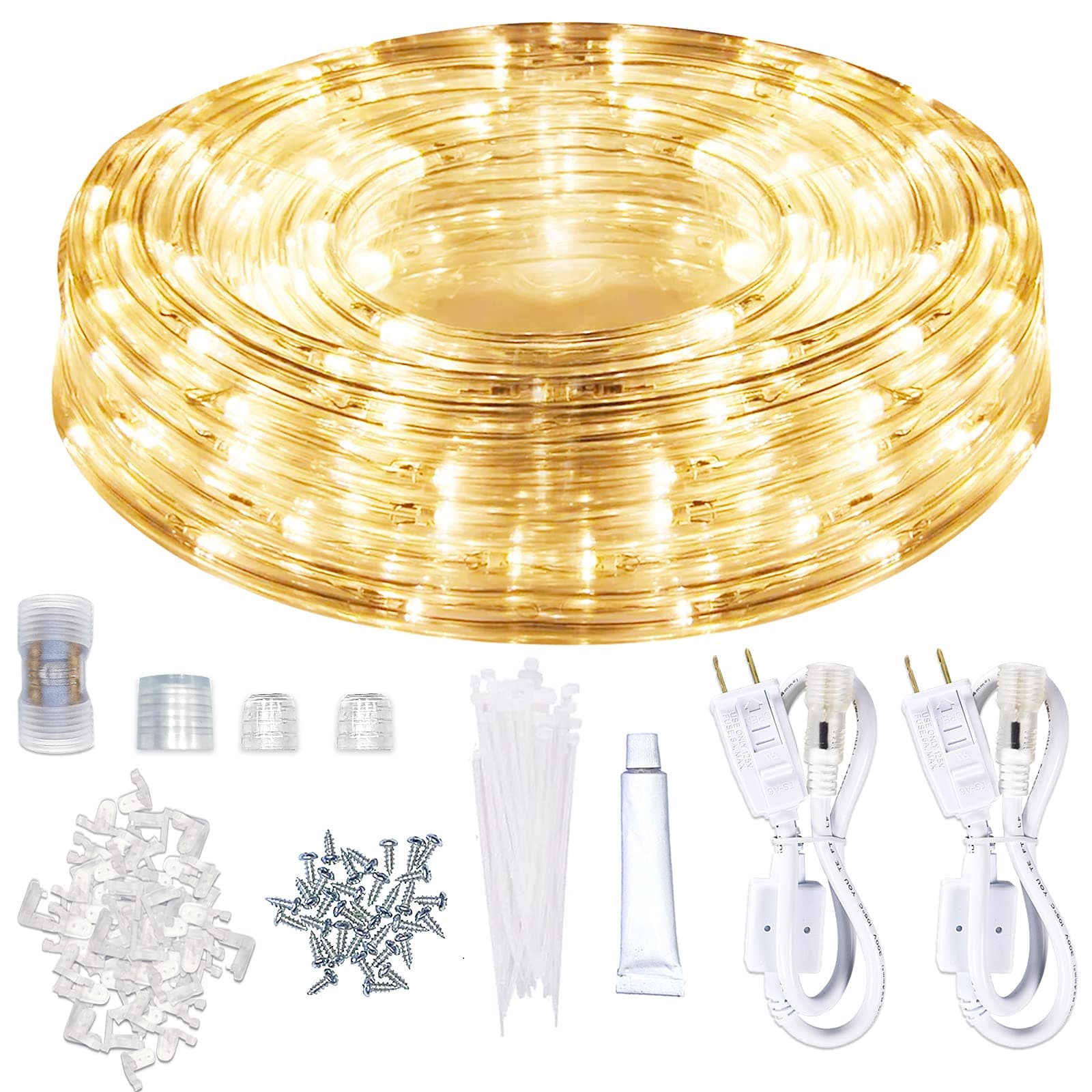 SURNIE LED Rope Lights Outdoor Warm White, Waterproof 50FT Cuttable 3000K Lighting Indoor 110V Connectable Flexible Electric Lights for Christmas Trees Bedroom Outside Patio Decor, Not Flat Strip