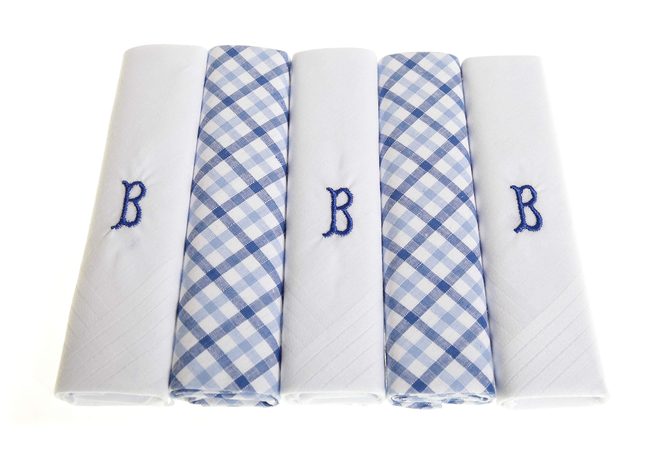 Surf the ShopPack of 5 Mens Initial Embroidered White Handkerchiefs with Satin Border and Blue Check Handkies, Various Letters