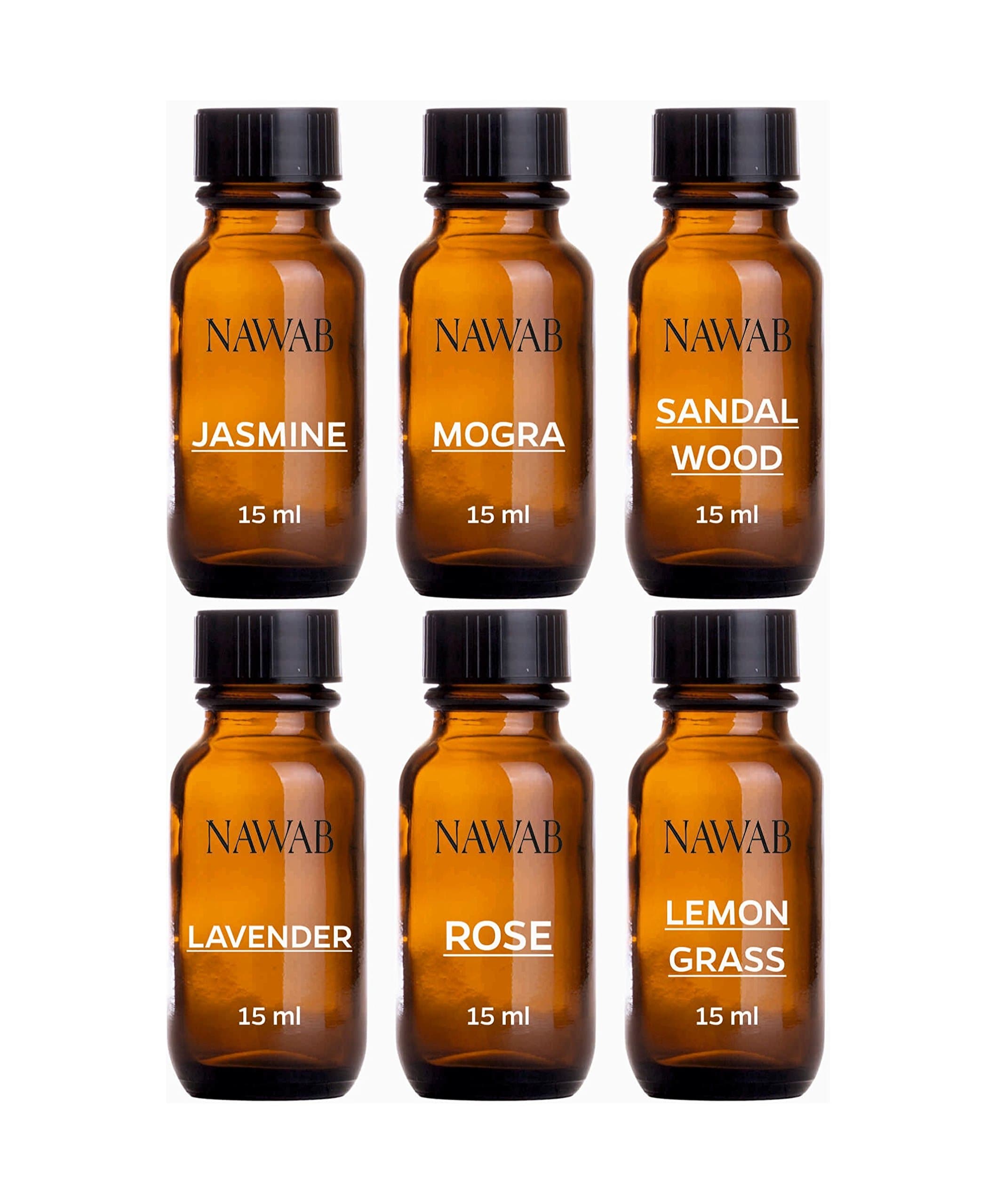 NAWAB Aroma Diffuser Oil (Lavender, Lemongrass, Rose, Jasmine, Sandalwood and Mogra), 15ml Each, Multicolour - Set of 6