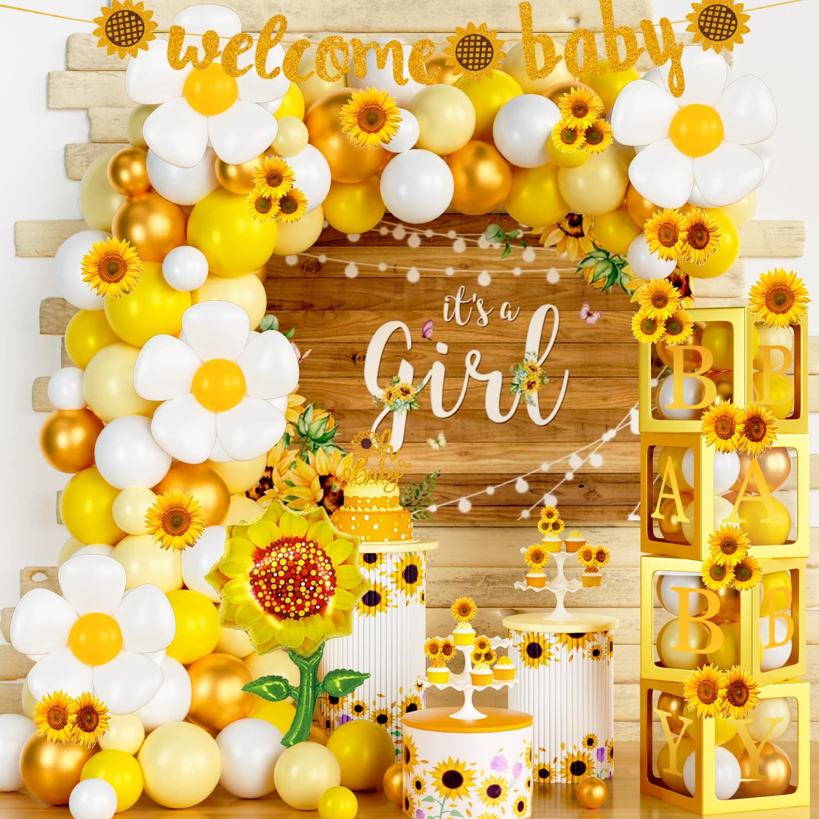 Hombae128 PCs Sunflower Baby Shower Decorations, Sunflower Balloon Garland Arch It’s a Girl Backdrop Welcome Baby Glitter Banner Box Cutouts Cake Topper Daisy Sunflower Gold Yellow