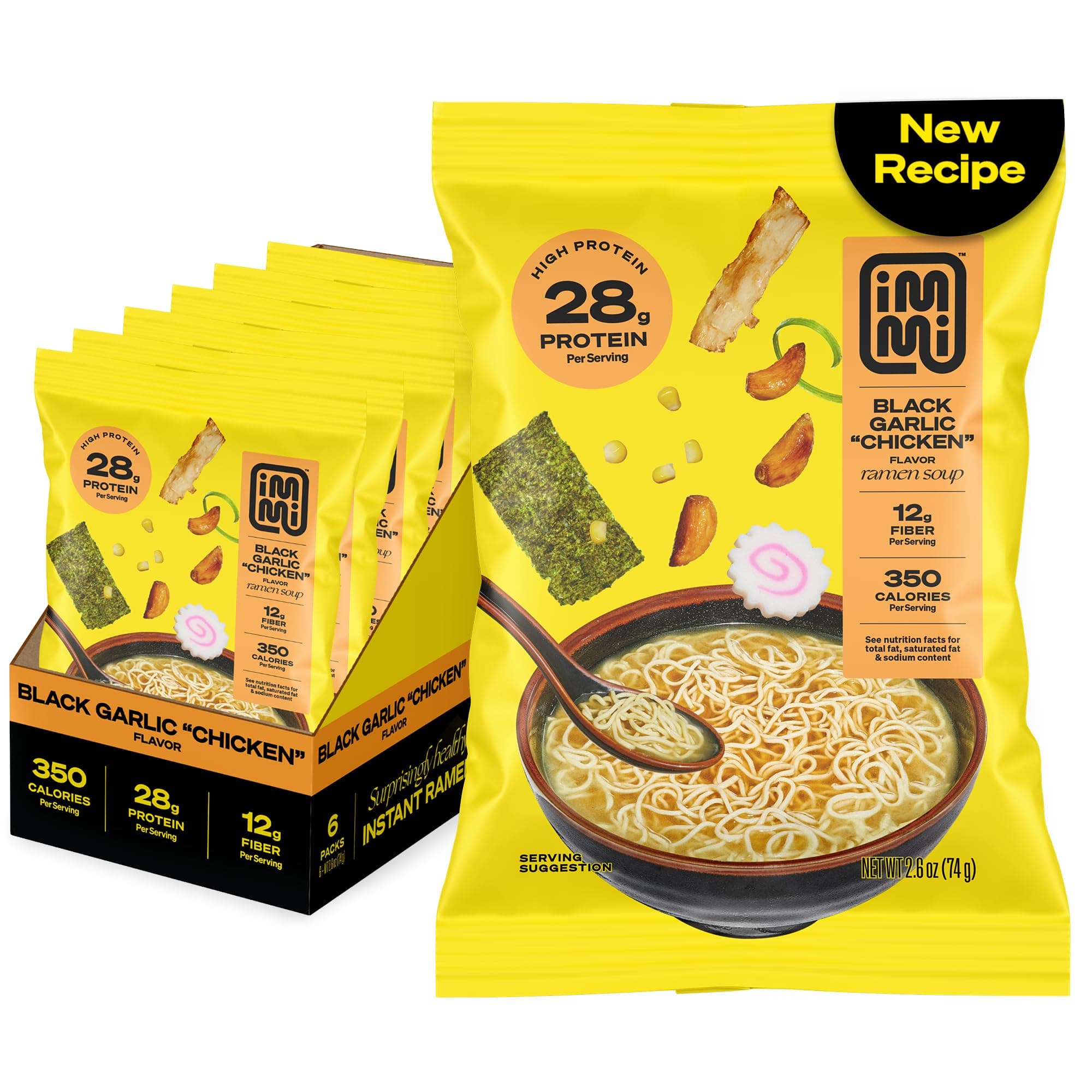 immi Black Garlic "Chicken" Ramen, 100% Plant Based, Keto Friendly, Low Carb, High Protein, Packaged Noodle Meal Kit, Ready to Eat, 6 Pack