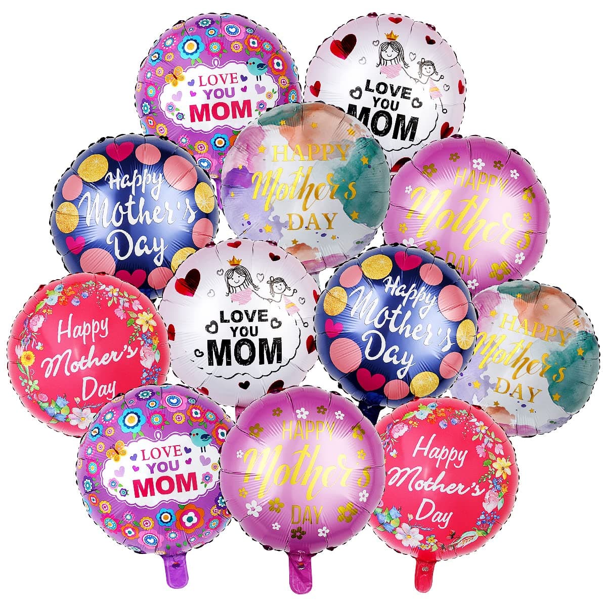 TsLinc 12 Pcs Happy Mother's Day Foil Balloons, 18'' Round Mother's Day Balloons Mother's Day Party Balloons, Large Colorful Foil Helium Balloon for Birthday Mother's Day Party Decorations