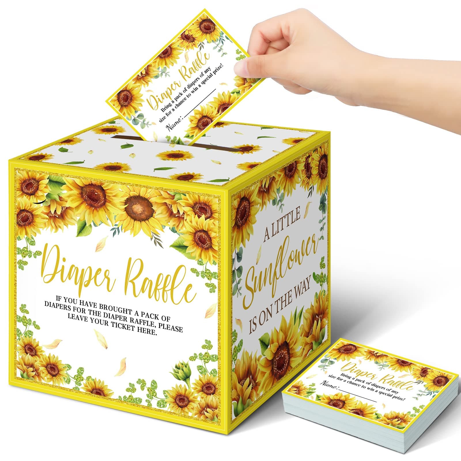 Teling 51 Pieces Diaper Raffle Tickets with Diaper Raffle Card Box Baby Shower Decorations Baby Shower Holder Box for Girl Boy Diaper Raffle Party (Sunflower)