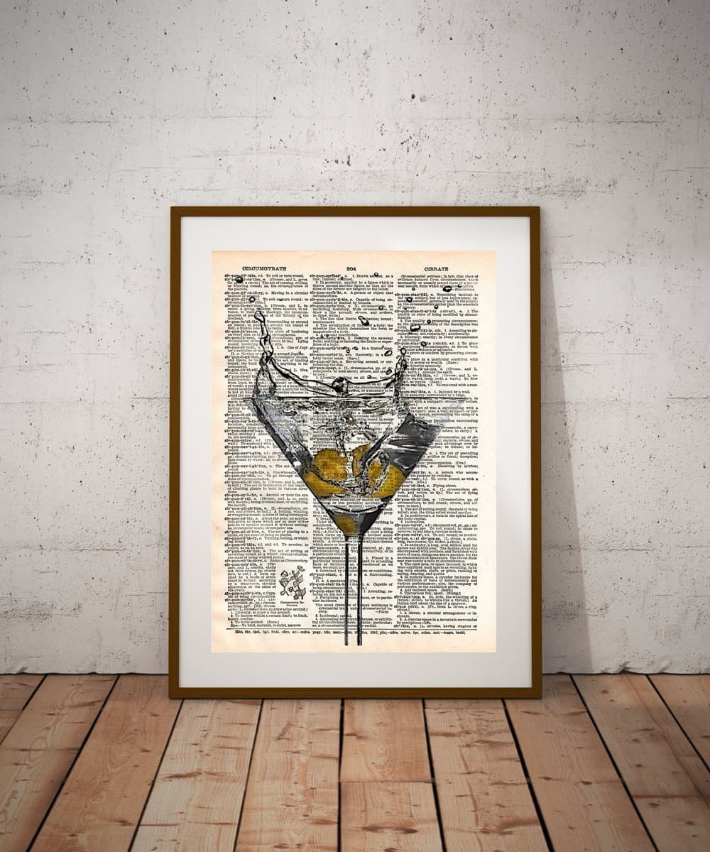 Martini glass art, Martini bar art, kitchen art, vintage book page print
