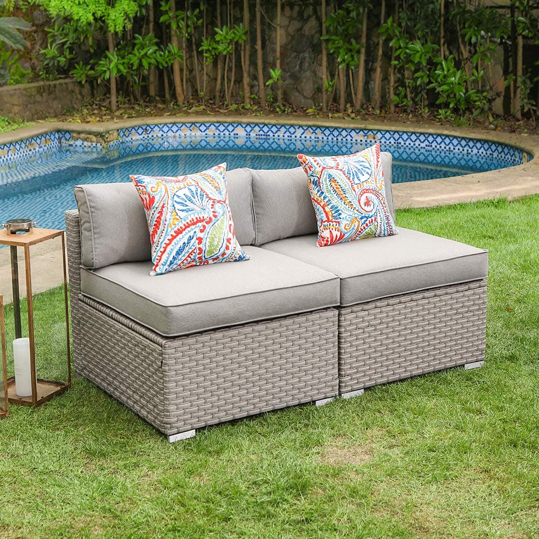 COSIEST2-Piece Outdoor Furniture Add-on Armless Chairs for Expanding Wicker Sectional Sofa Set w Warm Gray Thick Cushions, 2 Floral Fantasy Pillows for Garden, Pool, Backyard