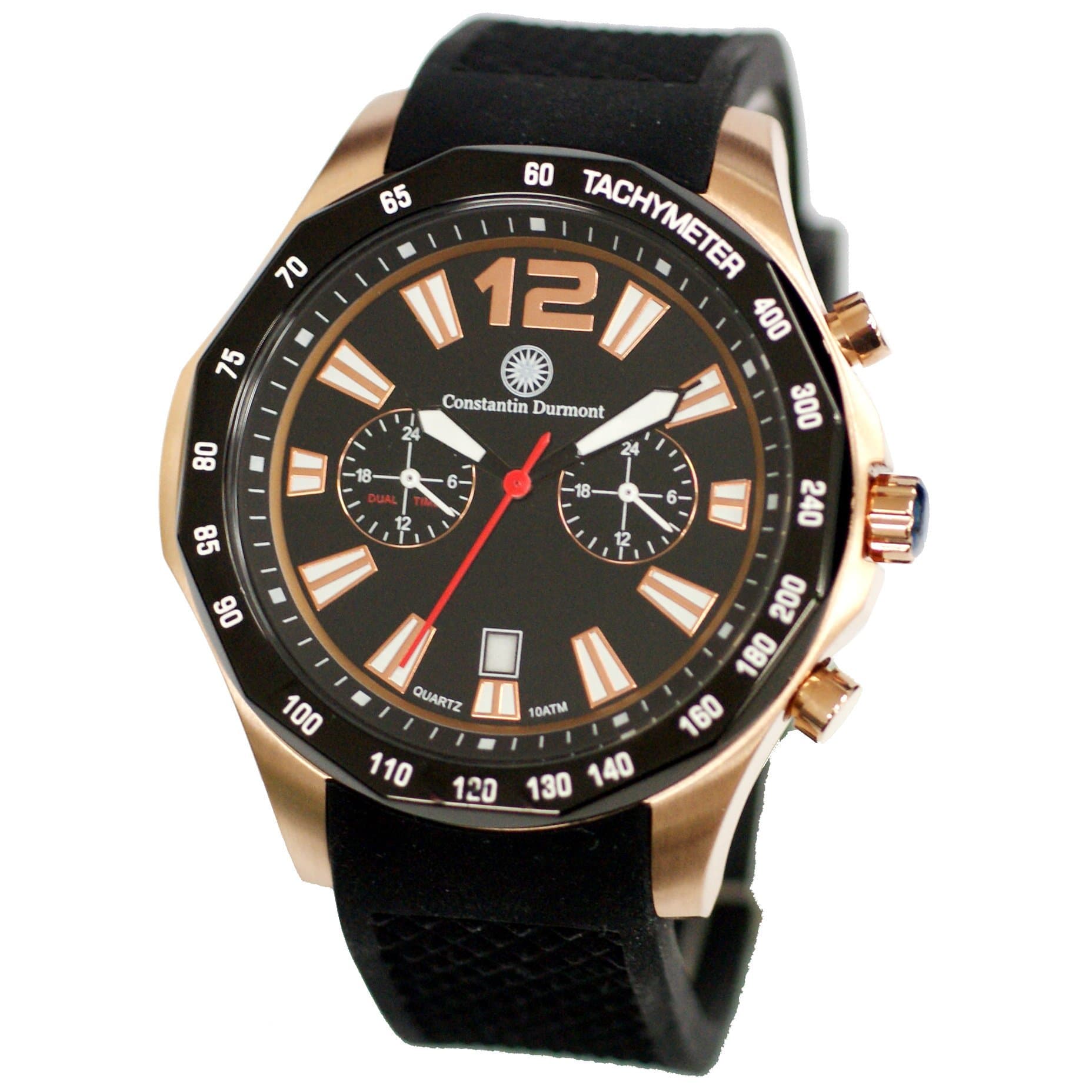 Constantin Durmont Men's Quartz Watch Analogue Display and Rubber Strap CD-Bust-QZ-RB-RGIP-BK