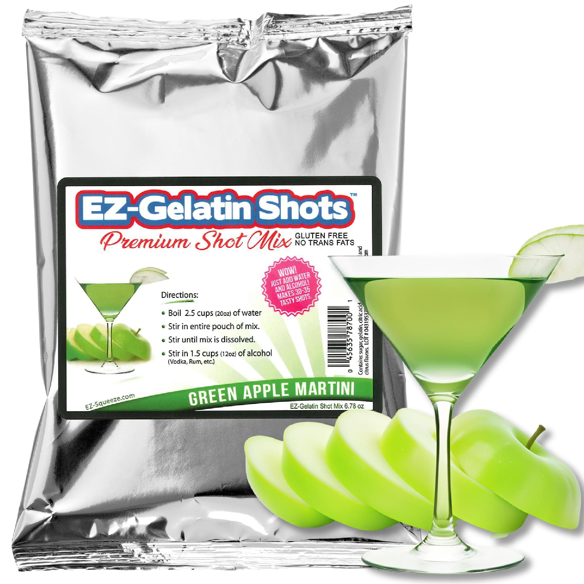 Green Apple Appletini Jello Shot Mix 6.78 oz - Premium Gluten-Free Jello Mix for Tasty Jello Shots - Easy to Make EZ Gelatin Powder Mix for Jello Shots - Adult New Year and Holiday Party Supplies