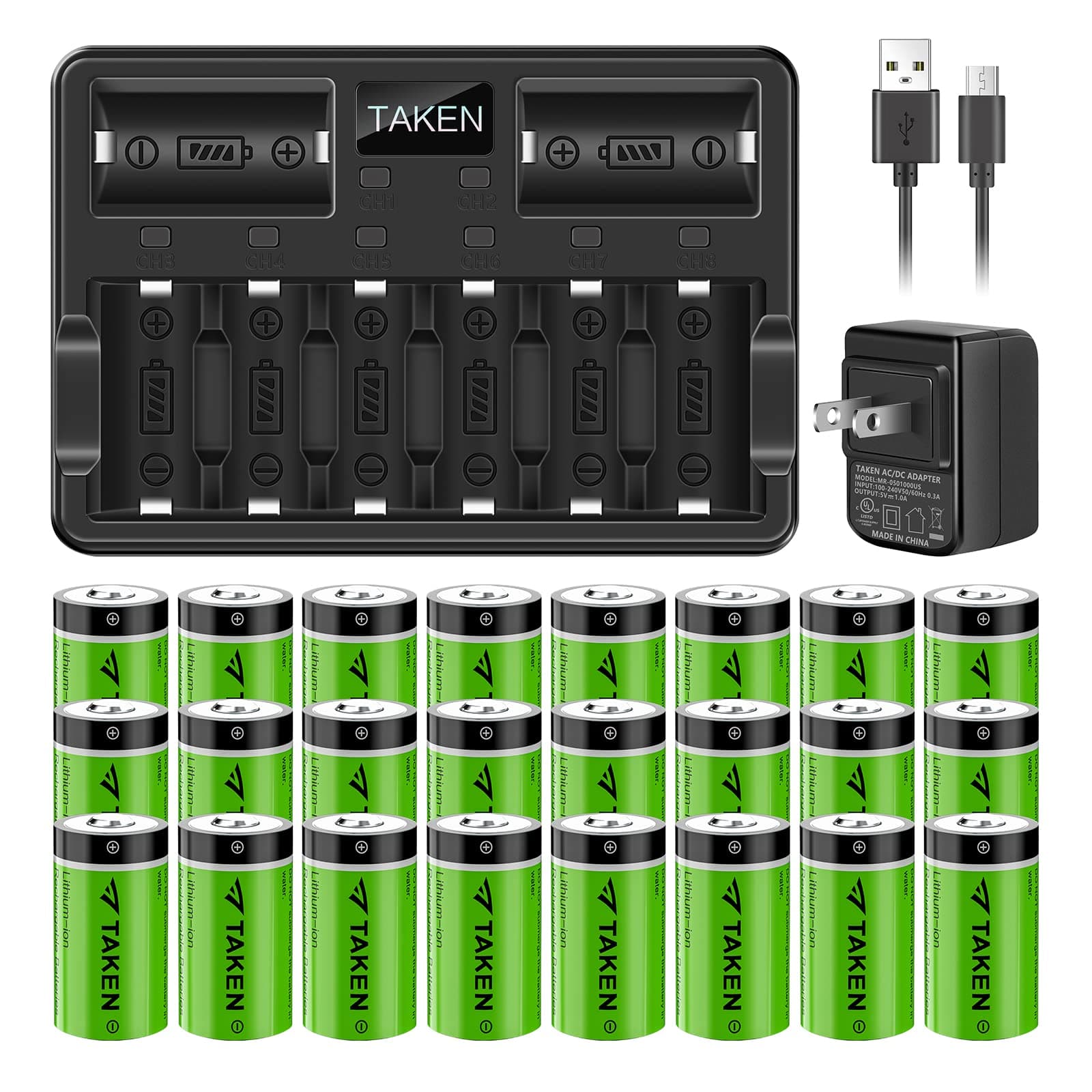 Taken CR123A Lithium Batteries for Arlo 24 Pack 3.7V 800mAh Recharged Battery with 8-Ports Charger Compatible with Arlo Cameras (VMC3030/VMK3200/VMS3330/3430/3530), Flashlight, Microphone
