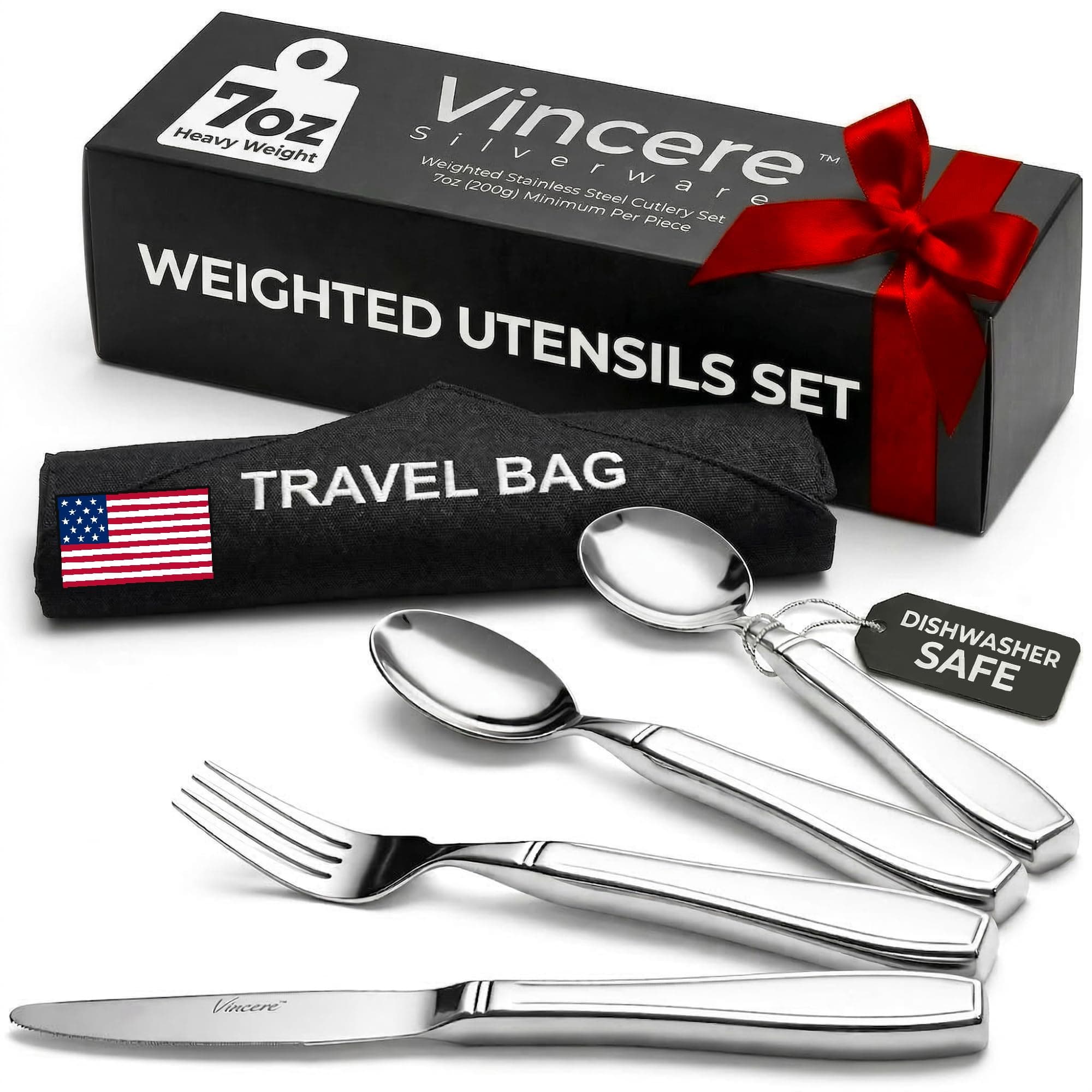 Weighted Utensils for Tremors and Parkinsons, Heavy Weight Stainless Steel Silverware Set, Adaptive Eating Flatware Helps Hand Tremors, Parkinsons Aids for Living, Arthritis - Knife, Fork, Spoons, 7oz