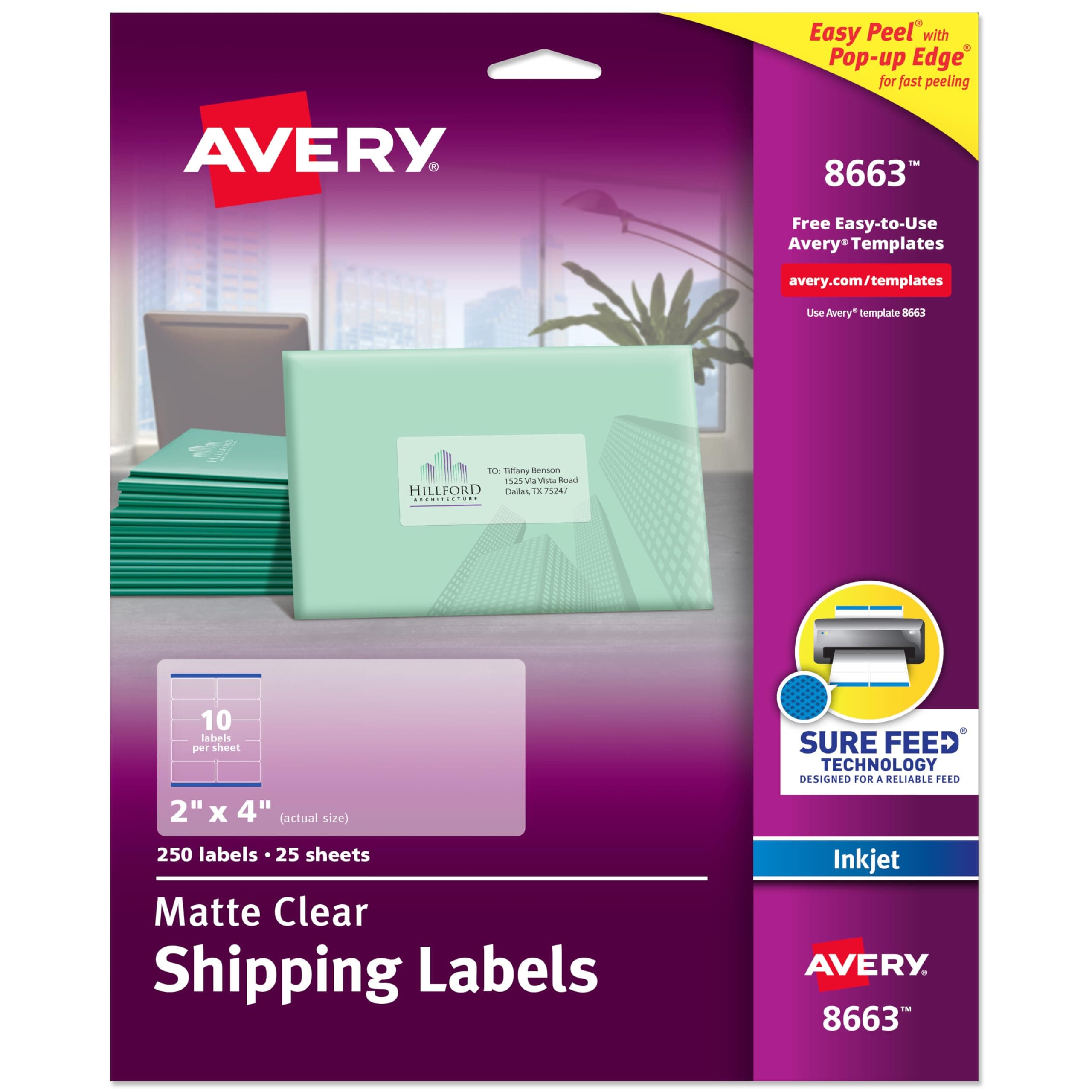 Printable Shipping Labels with Sure Feed, 2" x 4" Customizable Stickers, Matte Clear, 250 Blank Mailing Labels, Great for Mailing, Shipping, and More (8663)
