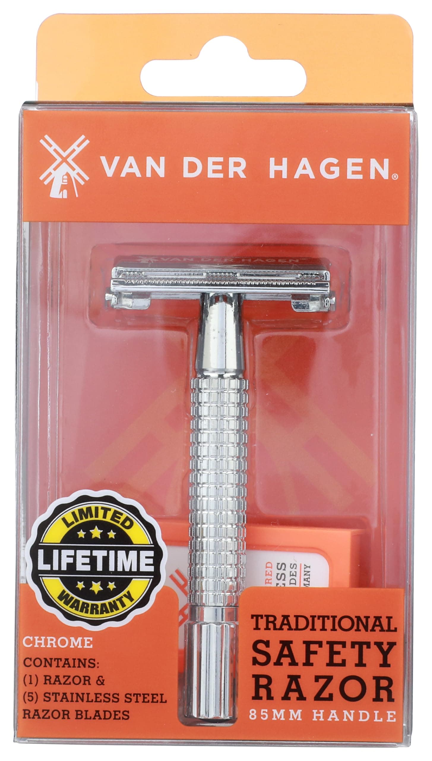 Men’s Traditional Safety Razor Kit (includes 5 blades) for a close shave in Chrome