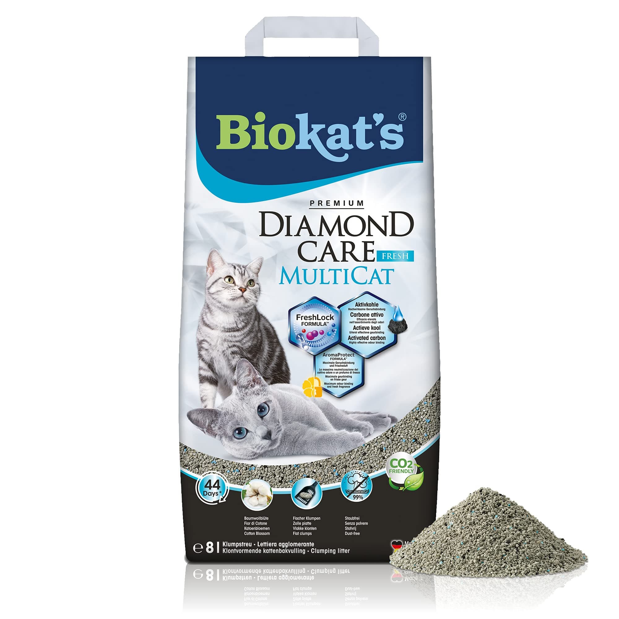 Biokatʼs Diamond Care MultiCat Fresh with fragrance - Fine cat litter with activated carbon especially for homes with multiple cats - 1 bag (1 x 8 L)