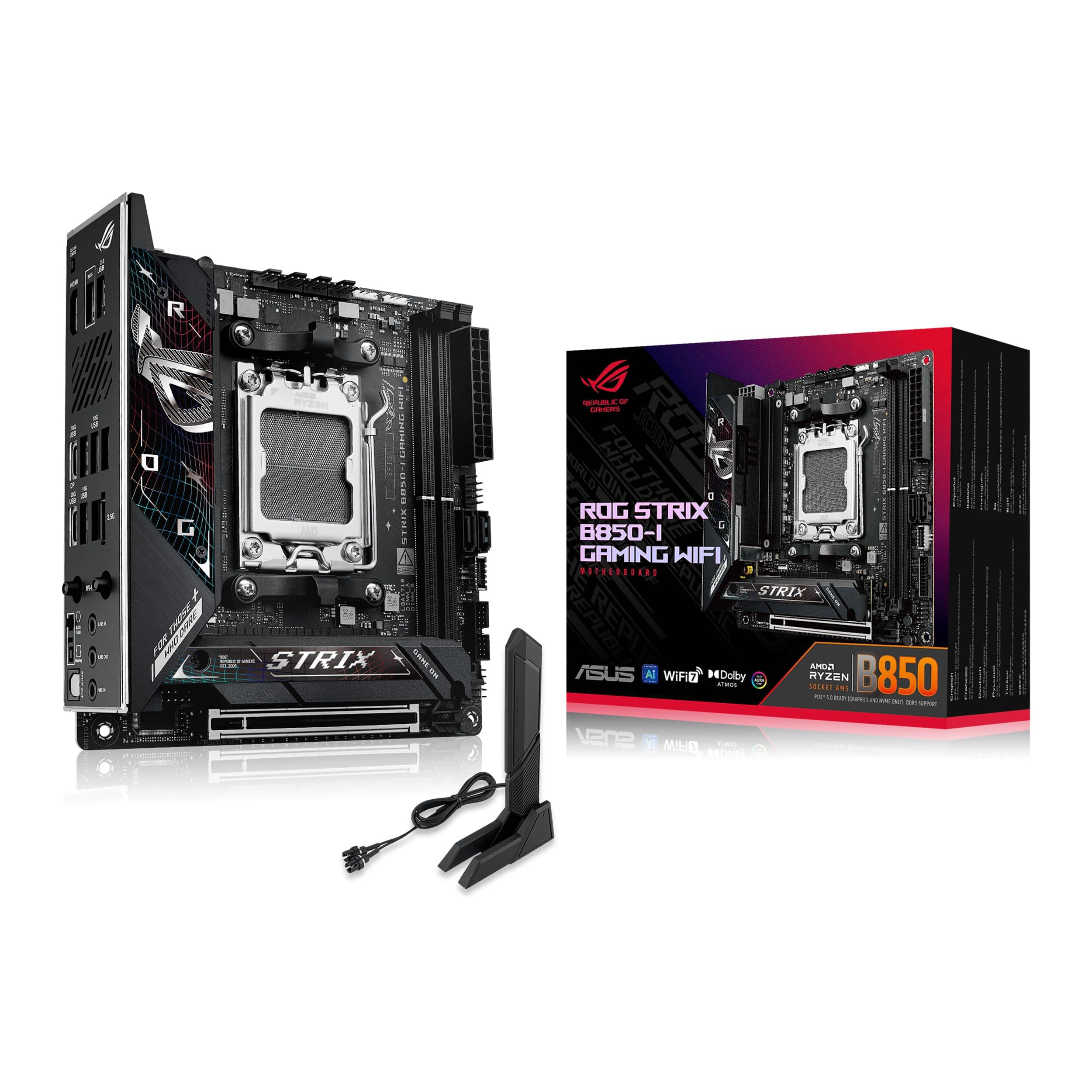 ROG Strix B850-I Gaming WiFi AMD AM5 B850 Mini-ITX mITX Motherboard 10+2+1 Stages, DDR5, 2.5G LAN, WiFi 7, 2X M.2, PCIe® 5.0 x16, USB 20Gbps Type-C®, AI Overclocking, AI Networking II, Aura Sync