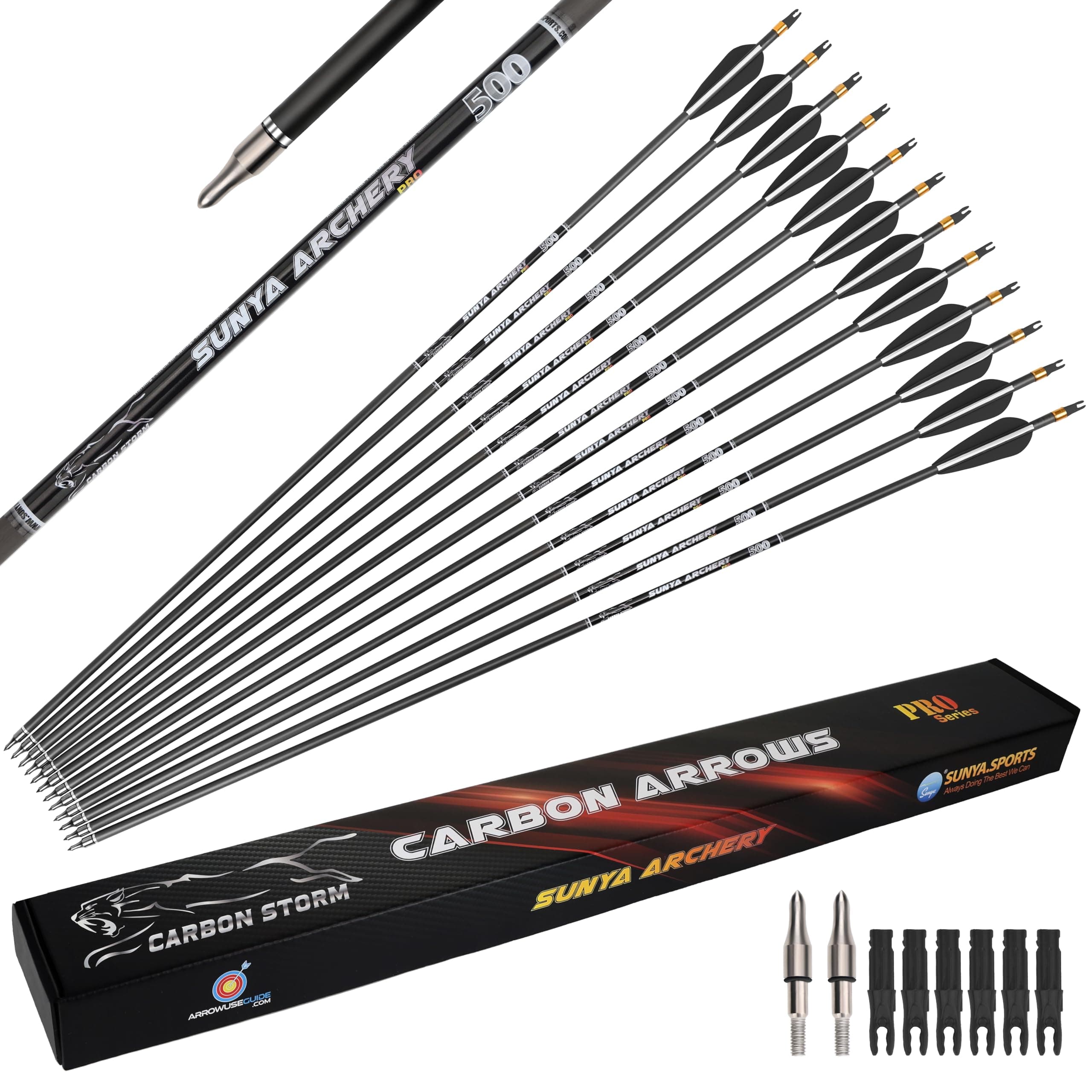 SUNYA 12-Pack 30 Inch Carbon Arrows Spine 500 or 400 for 40-60 LBS Bows｜Switch to Recurve/Compound Modes, Anti-Loose O-Ring & TPU Vanes for Hunting/Target Practice
