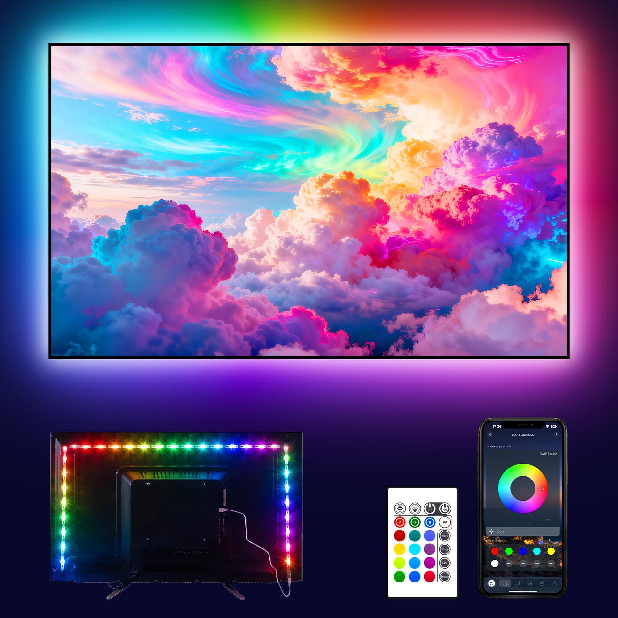 PANGTON VILLA TV LED Backlight for 40-60 Inch TV, 8.2ft LED Lights for TV with Bluetooth APP & Remote Control, 16 Color Led Strip Lights Changing TV Lights Behind with Music Sync for Bedroom