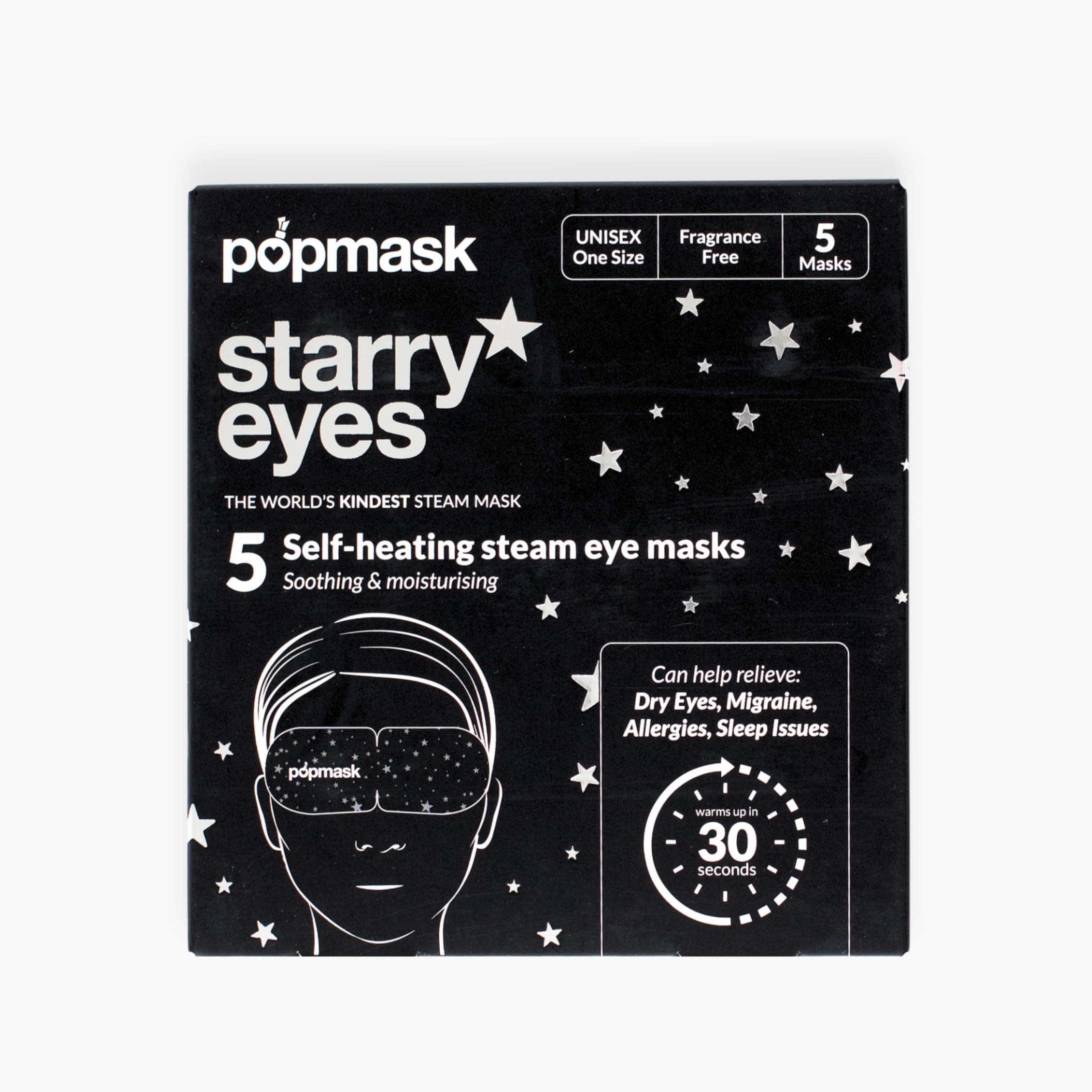 POPBAND Popmask Starry Self Heating Eye Mask for Sleeping - Warms In 30 Seconds, Natural Heat Source, Lasts For 20 Minutes - Pack of 5 Cotton Eye Masks With Ear Loops