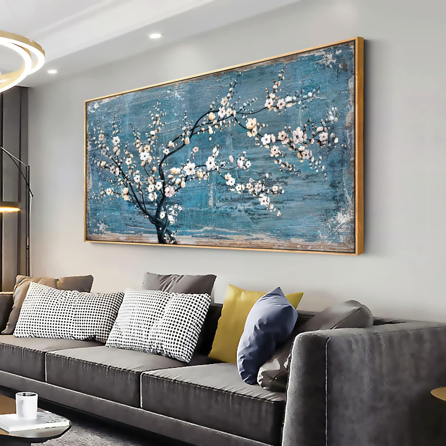 vgrozirh Wall Art for Living Room Teal Plum Blossom Canvas Wall Pictures for Bedroom Wall Decor large Framed Floral Canvas Prints Artwork Home Wall Decorations Ready to Hang Framed 30"x60"