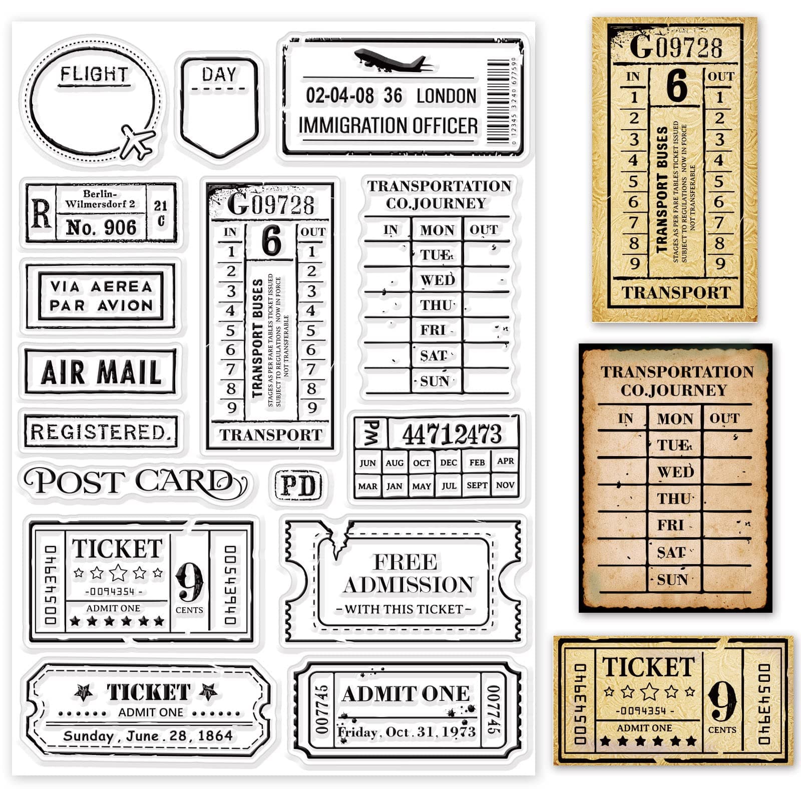GLOBLELAND Vintage Travel Ticket Themed Clear Stamps Tickets Silicone Stamp Retro Tickets Post Card Silicone Transparent Seal Stamp for Card Making Scrapbooking 5.83x8.27inch
