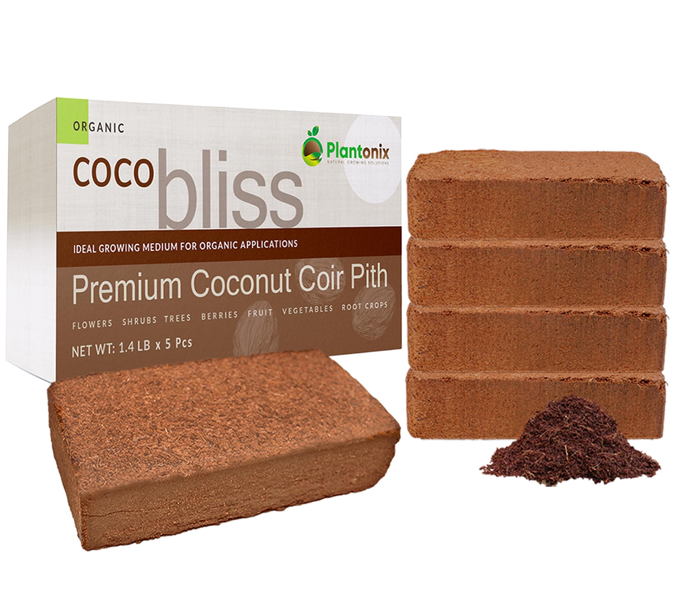 Coco Bliss Coco Coir - Compressed Coco Coir Bricks with Low EC and pH Balance - High Expansion Coco Fiber for Herbs, Flowers, Planting - OMRI Listed Renewable Coconut Soil (650 Grams, 5 Bricks)