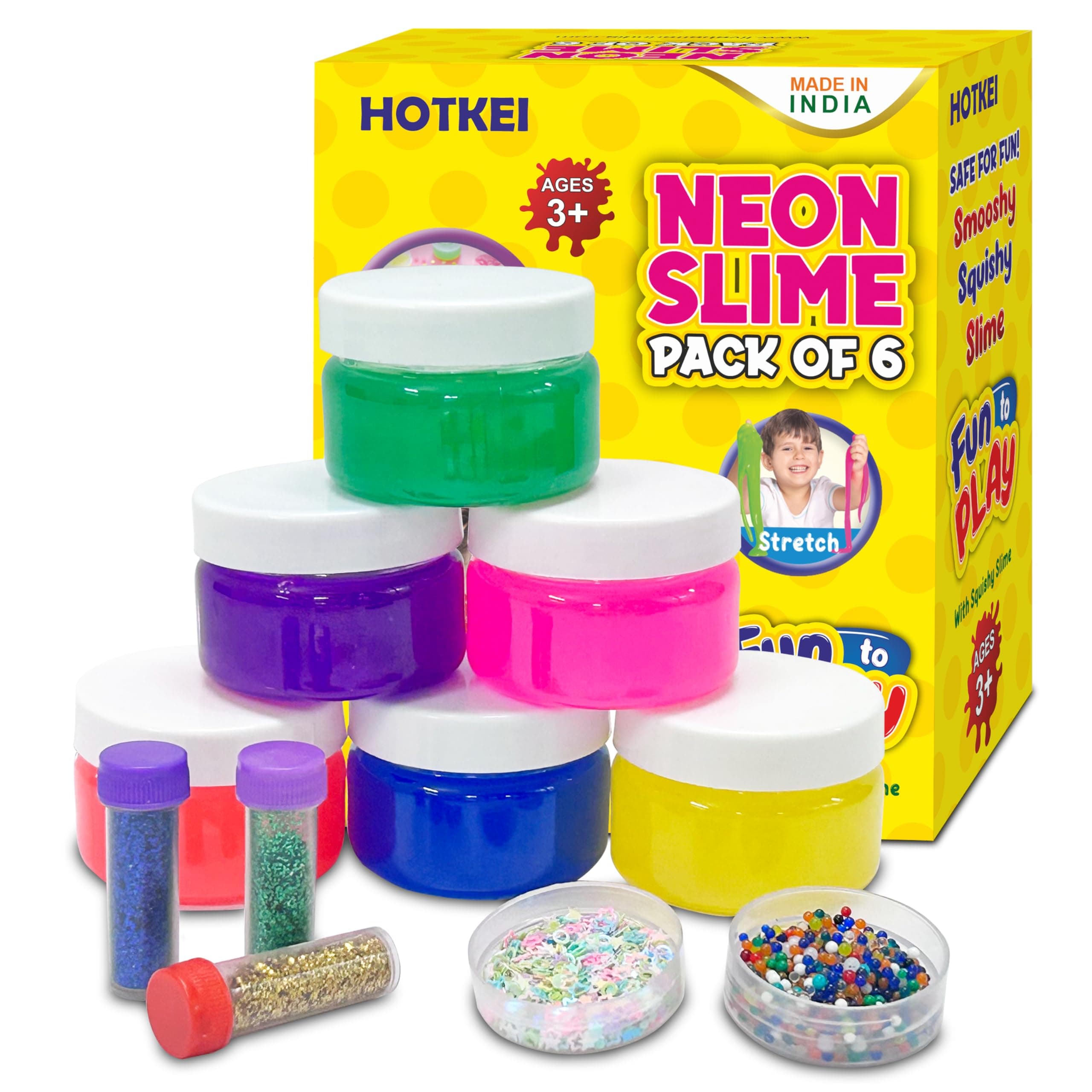 - HOTKEI (6 Neon Slime kit) DIY Neon Colored Fruit Scented Slimy Slime Gel Jelly Set Kit Air Dry Magical Crystal Clay Putty Toy for Girls Boys Kids with Glitter| Stars | Color Beads Set