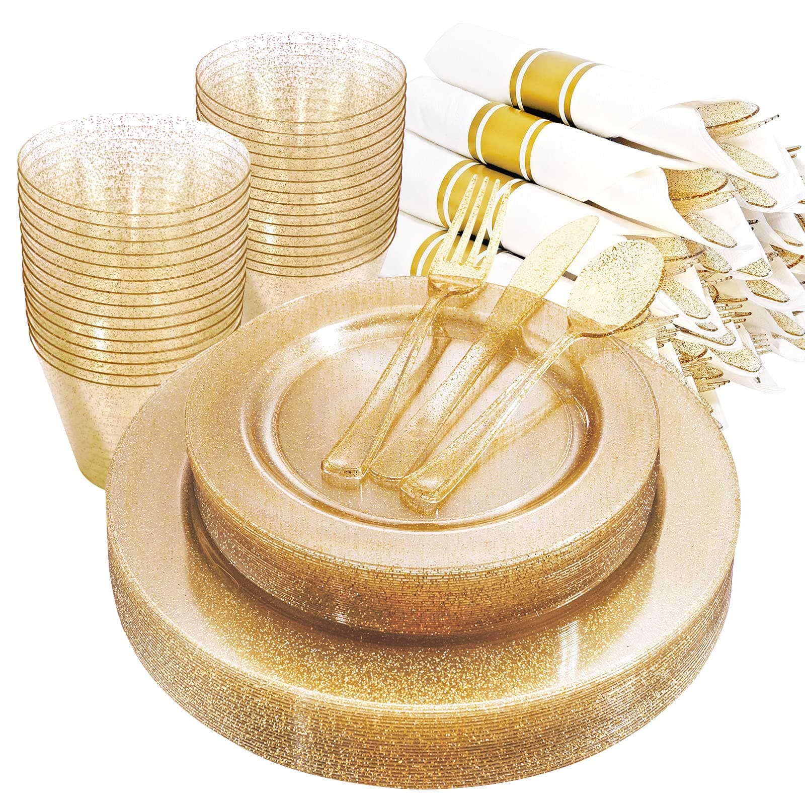 112PCS Gold Glitter Plastic Dinnerware Set