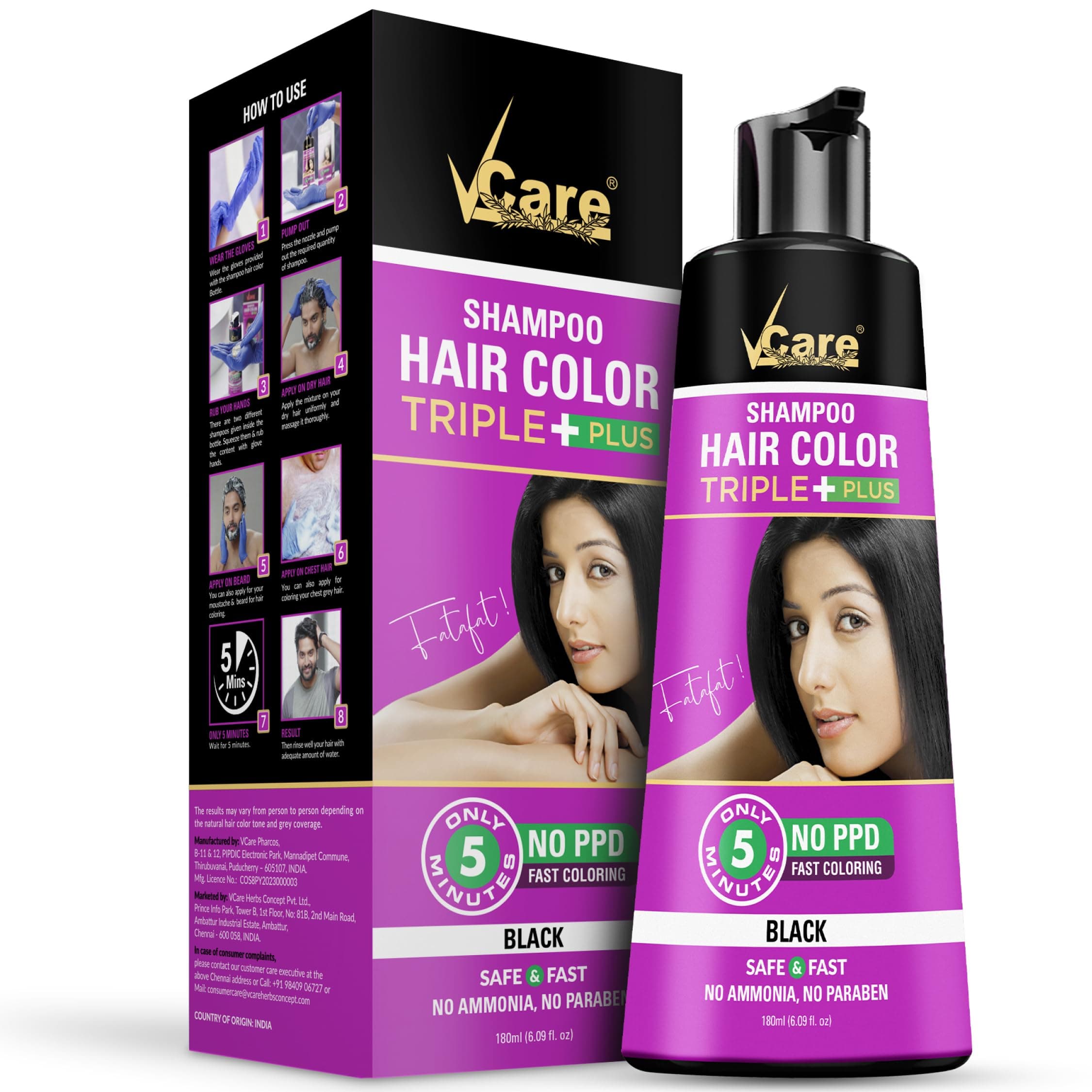 VCare Super Eazzy Hair Colour Shampoo for Women and Men 180ml | Only 5 Minute Root Hair Dye Coloring Kit Head, Moustache, Beard, Hands, Chest | No Parabens, Ammonia And Sulfates (PPD Free-Black)