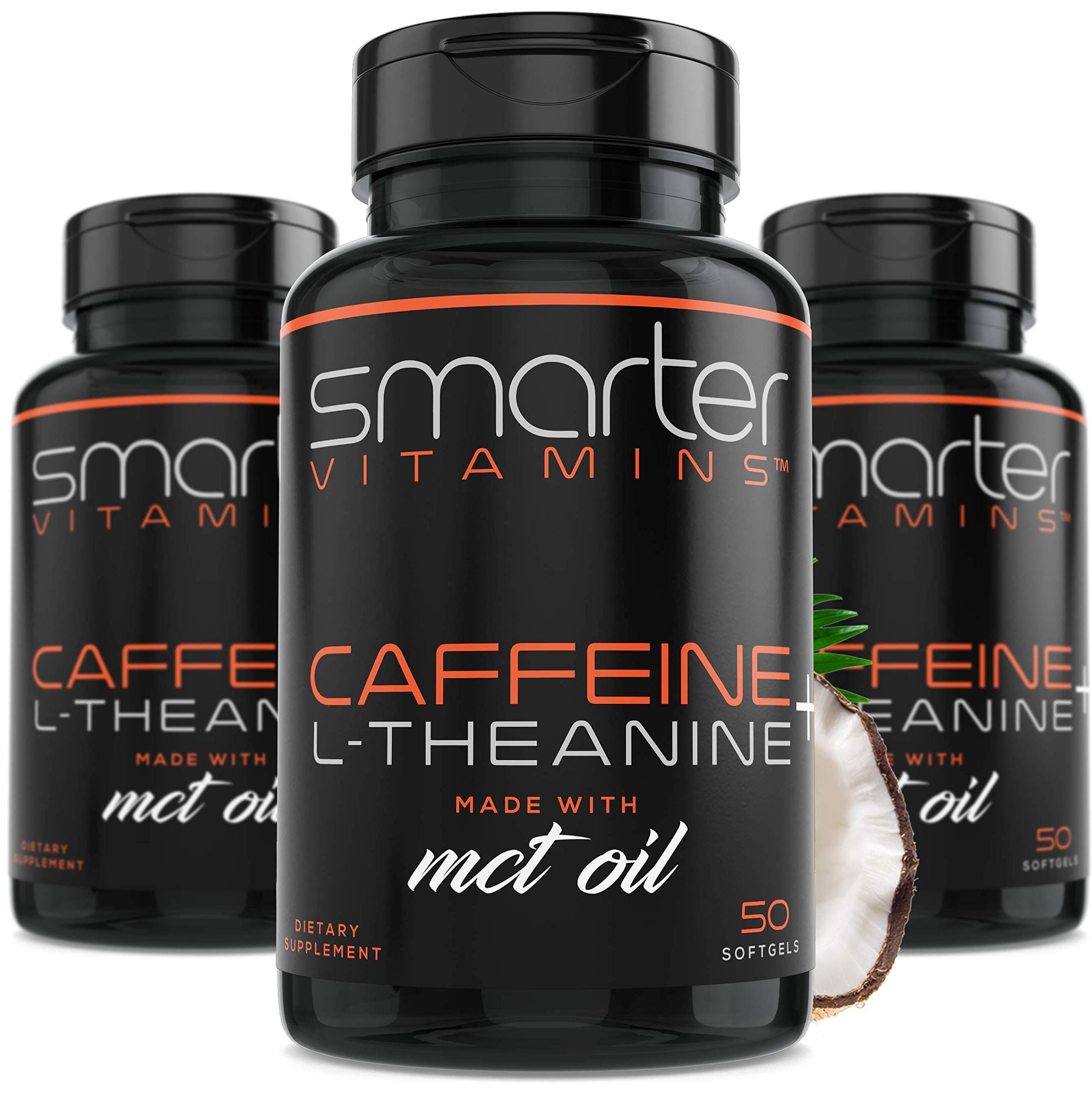 SmarterVitamins (3-Pack 200mg Caffeine Pills with 100mg L-Theanine + Coconut MCT Oil, Energy and Focus, Extended Release Capsule, 150 Liquid Softgels