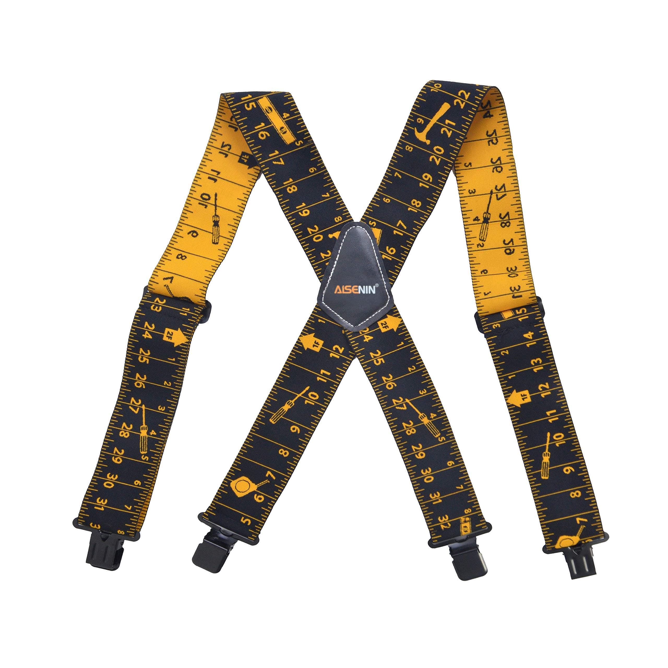 Mens Tape Measure Suspenders, 2 Inch Wide Adjustable Work Suspenders for Tool Belts, Elastic Braces with Heavy Duty Strong Clips, Black
