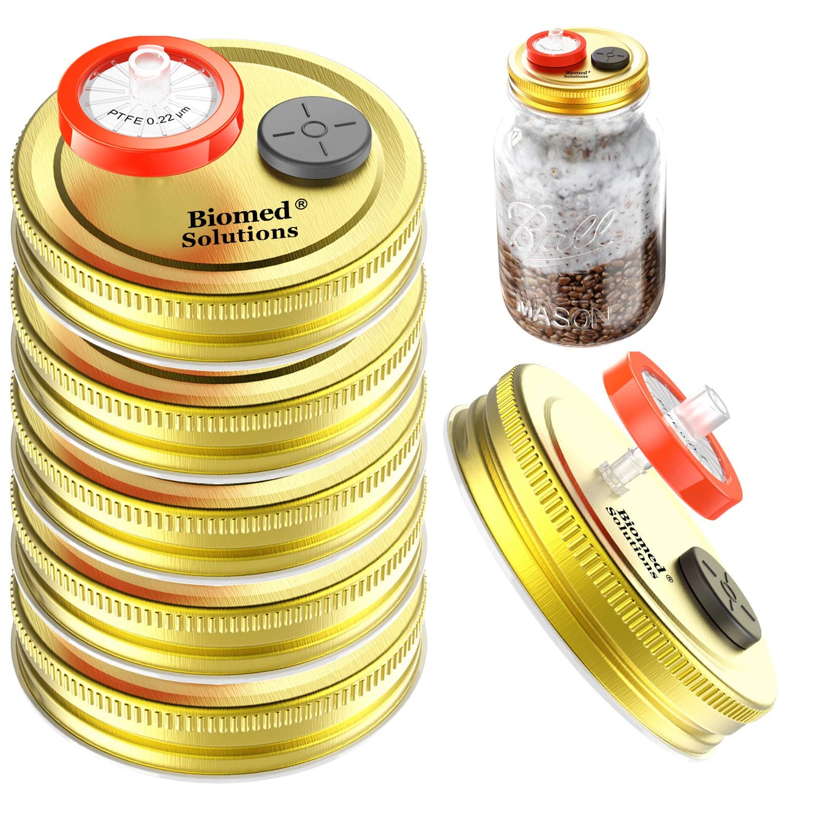 6Pcs Regular Mouth Mushroom Liquid Culture Lid Grain Spawn Cultivation Mason Jar Lid with 0.2 Micron PTFE Syringe Filter & 20mm Self Healing Injection Ports for Mushroom Growing Mycology