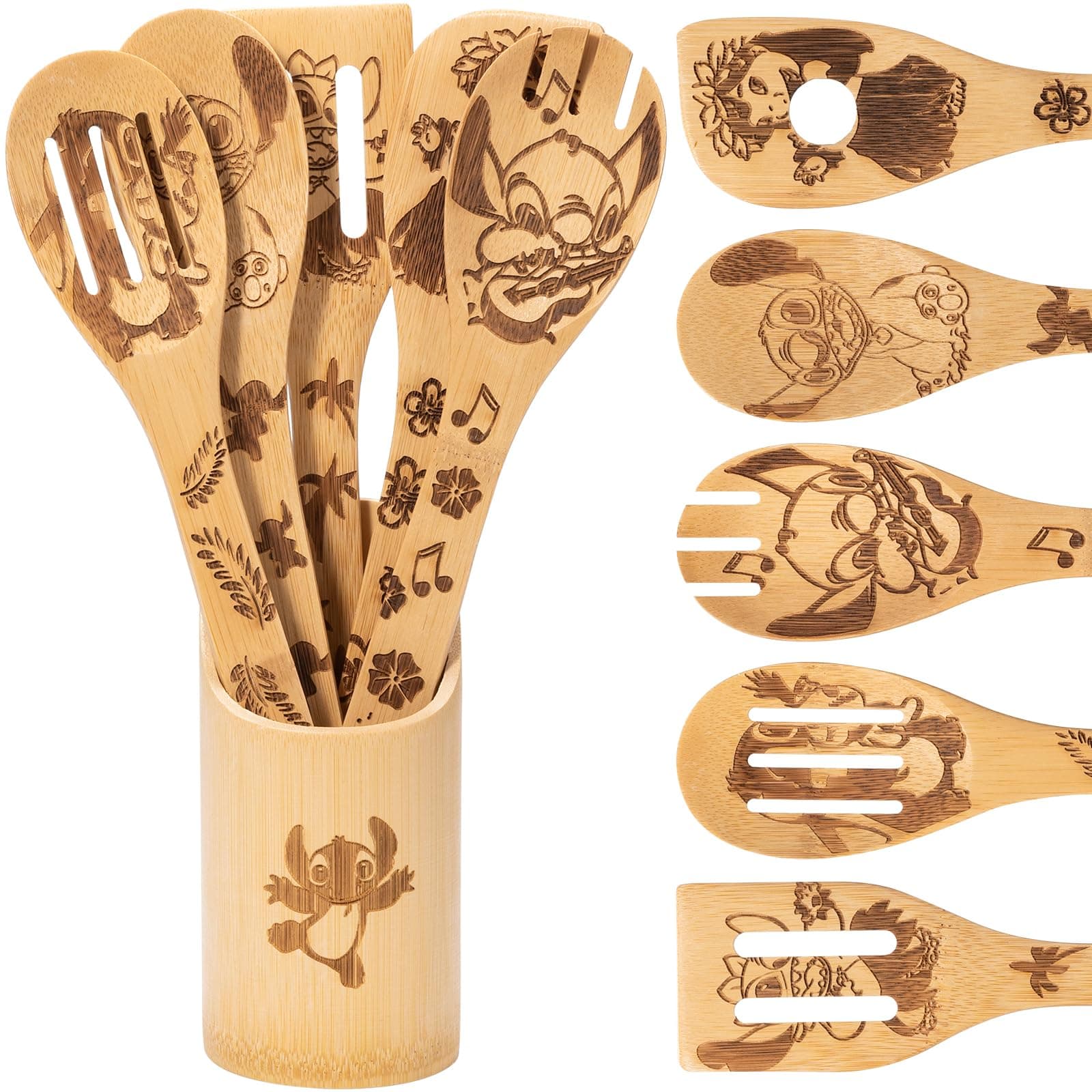 Bamboo Wooden Spoons for Stitch Cooking Kitchen,Lilo Premium Quality Cartoon Spoons Wooden Utensil Set,6 PCS Fun Kitchen Cookware Set Accessories Gifts Idea for Women Housewarming Birthday Anniversary